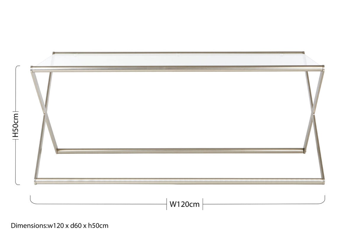 Tempered Glass Rectangular Coffee Table with Silver Cross Frame Design, Roma