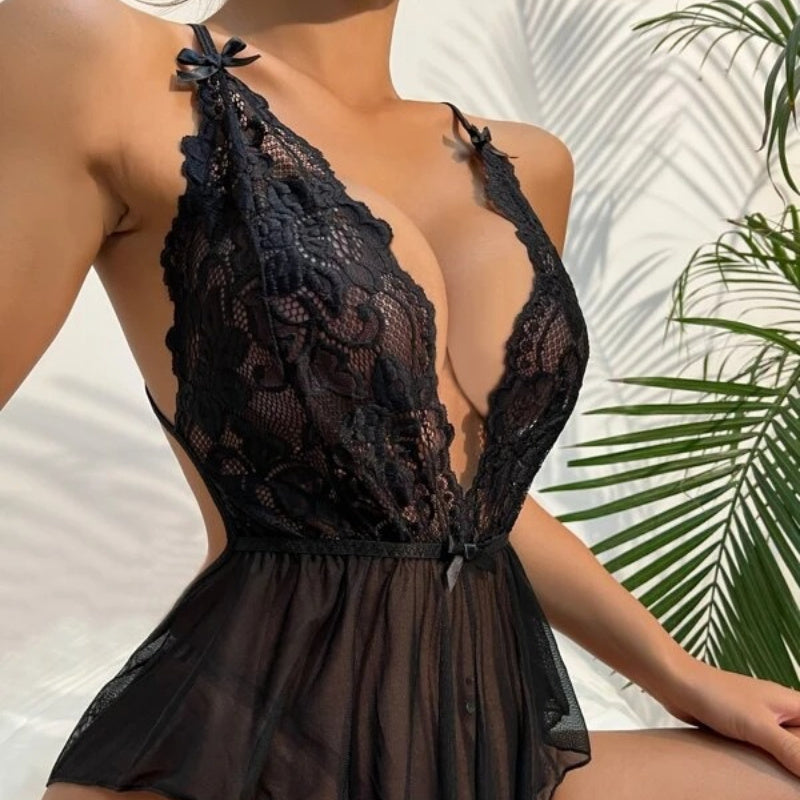 Women's Lace Mesh Patchwork Open Gear Backless Bodysuit