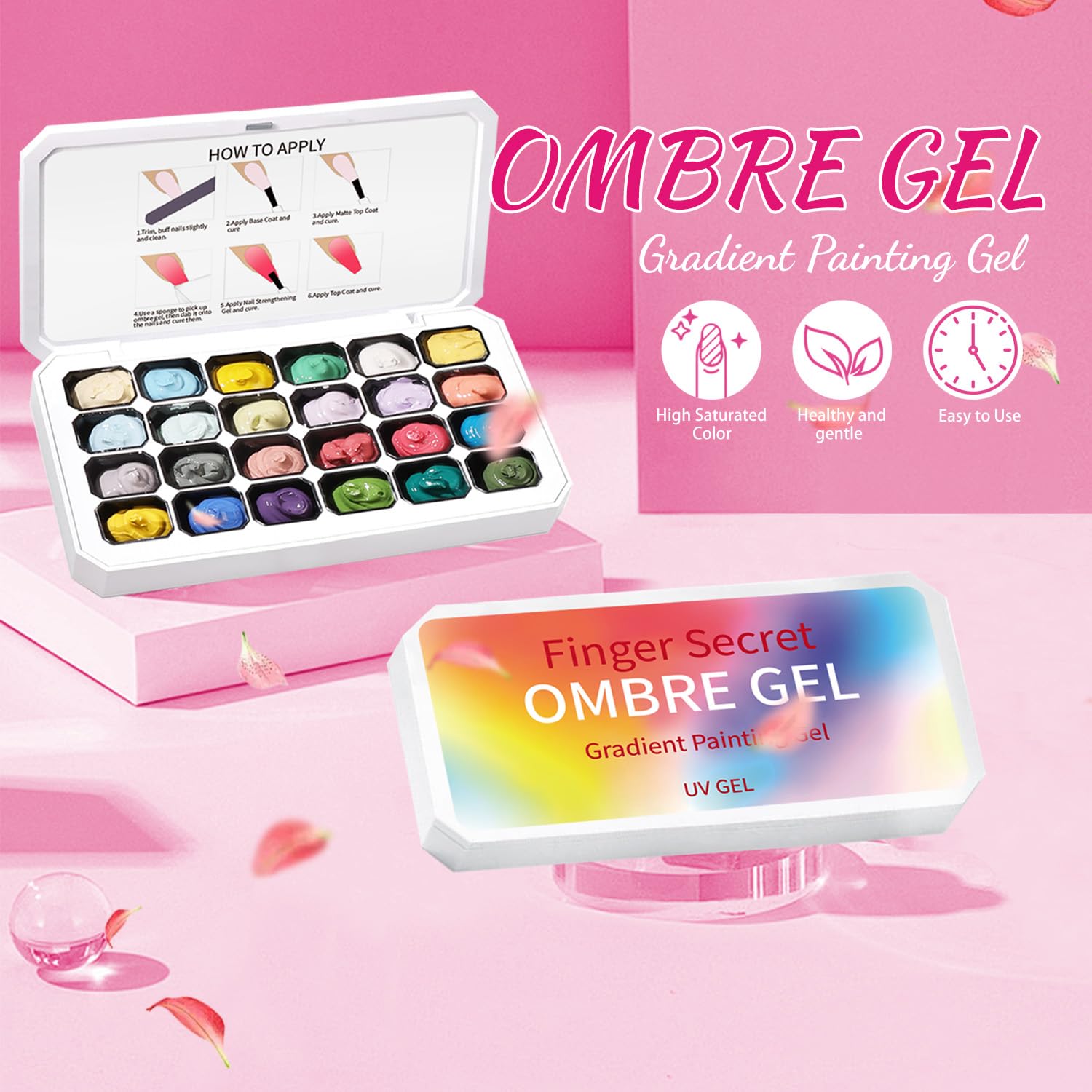 Finger Secret 24 Colors Ombre Gel Nail Polish Set – Gradient Blooming Gel with 100 Sponges