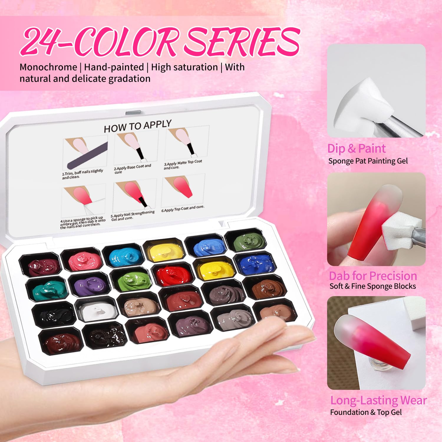 Finger Secret 24 Colors Ombre Gel Nail Polish Set – Gradient Blooming Gel with 100 Nail Sponges
