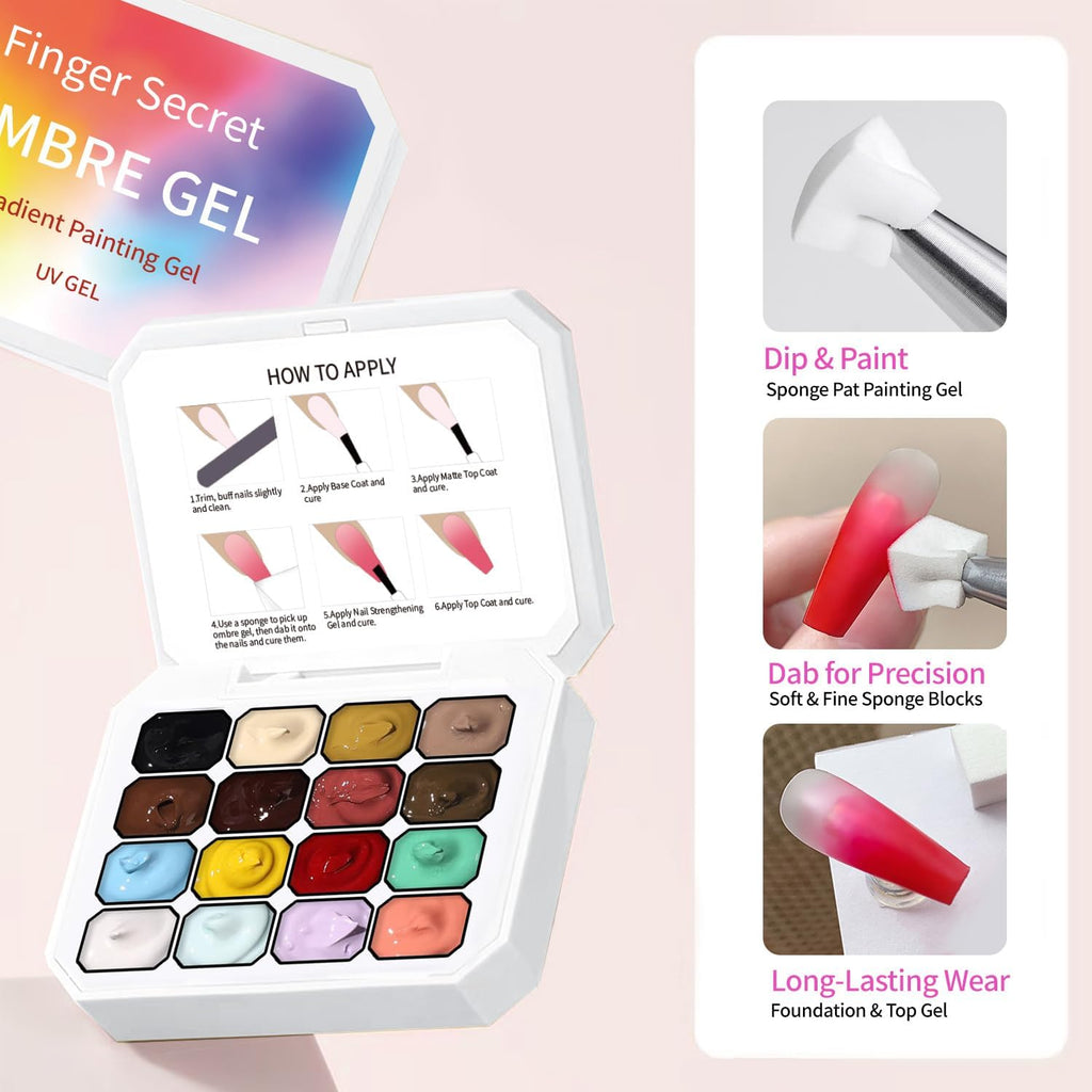 Finger Secret 16-Color Gel Ombre Nail Kit – Gradient Blooming Gel Palette & 100 Sponges