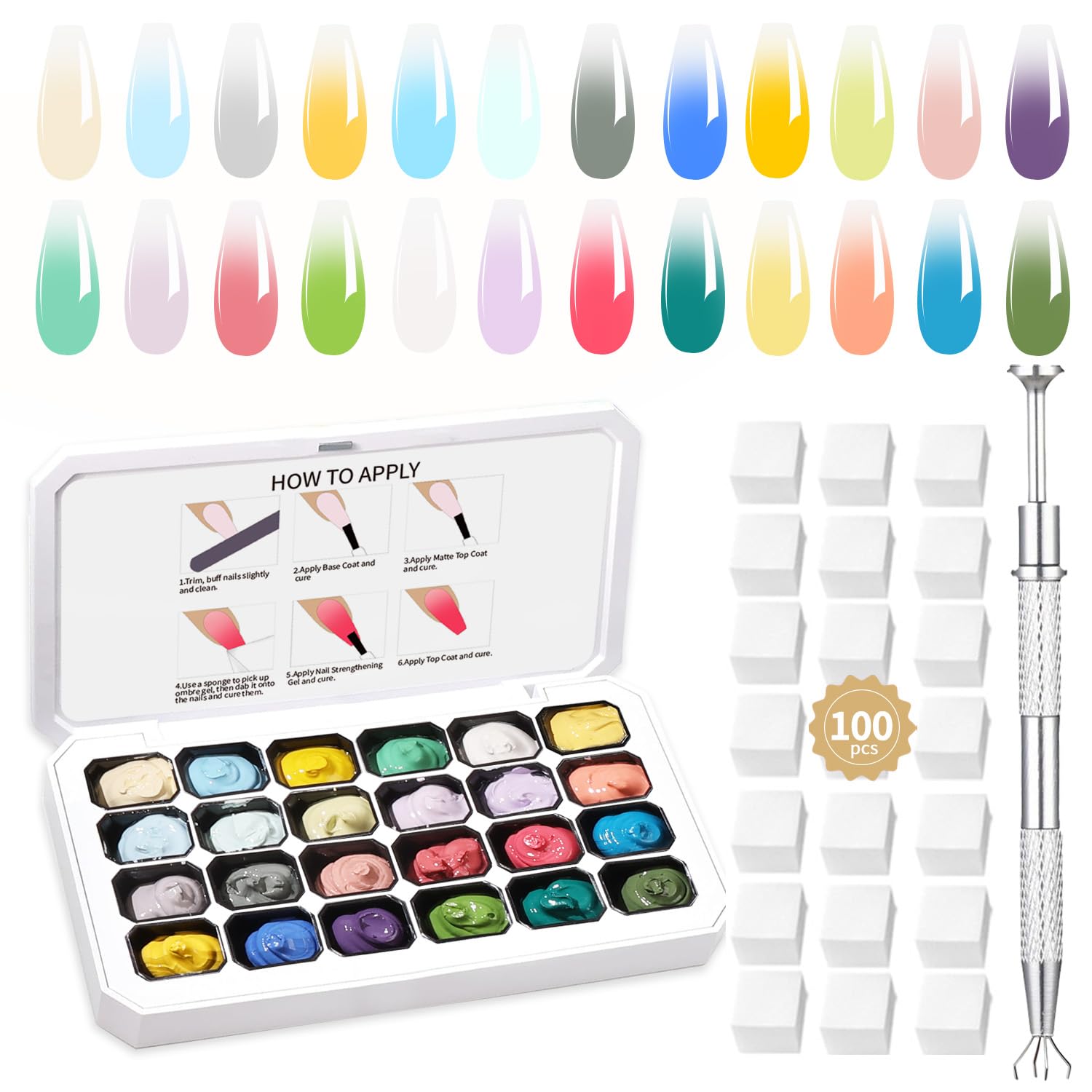 Finger Secret 24 Colors Ombre Gel Nail Polish Set – Gradient Blooming Gel with 100 Sponges