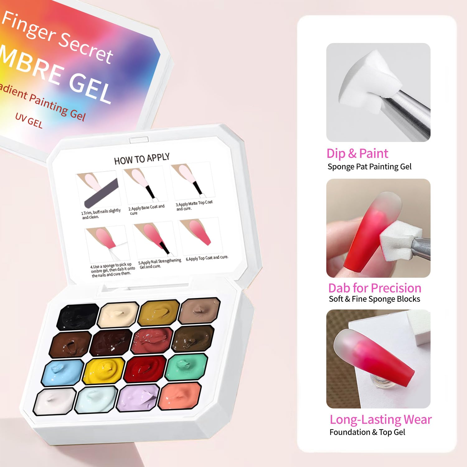 Finger Secret 16-Color Ombre Gel Nail Polish Set – Gradient Blooming Gel with 100 Nail Sponges