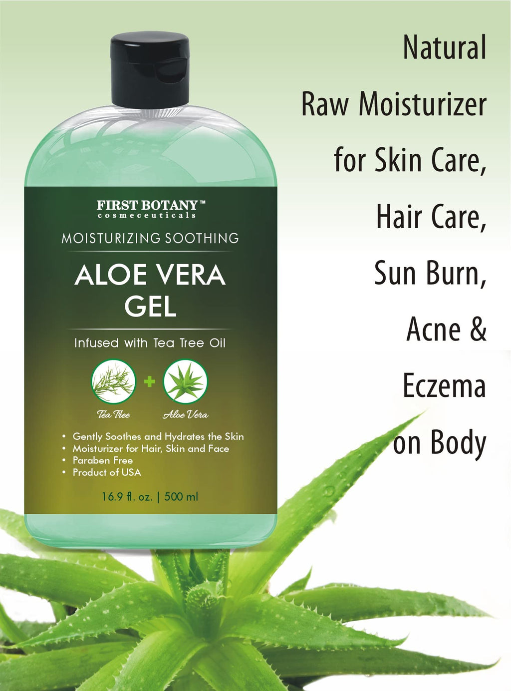 First Botany Aloe Vera Gel with Tea Tree Oil – 16.9 fl oz for Skin, Hair, Sunburn & More