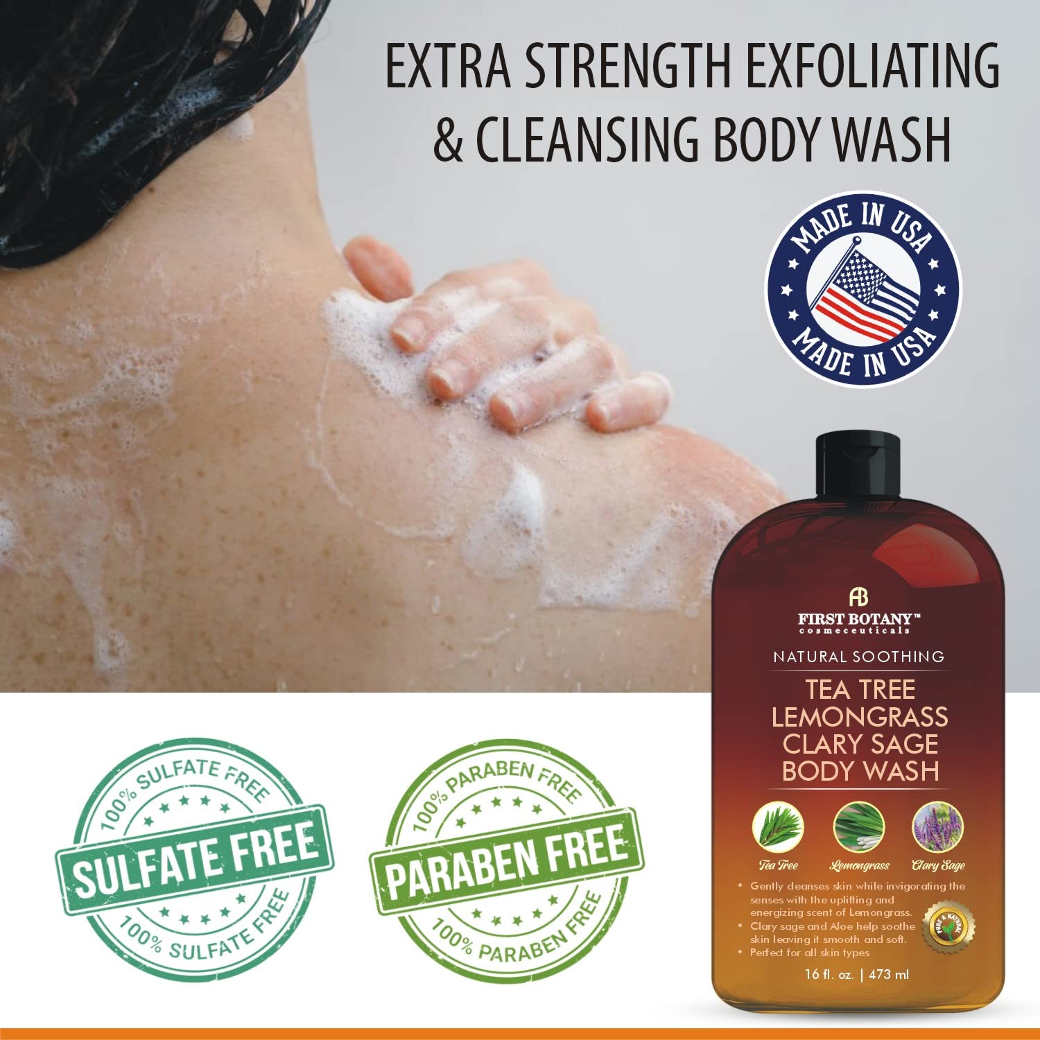 First Botany ALL Natural Body Wash – Tea Tree, Lemon Grass & Clary Sage – 16 fl oz