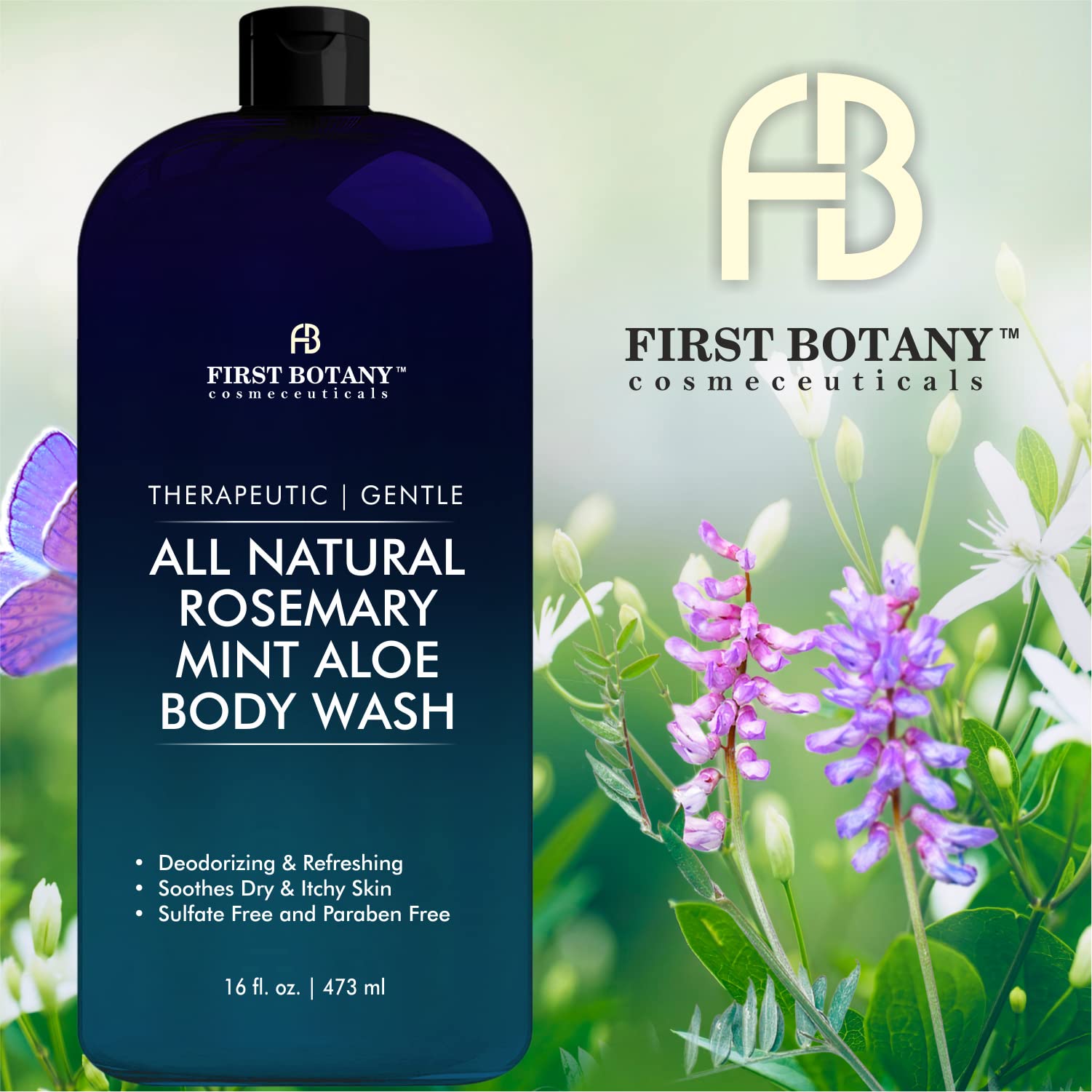 First Botany ALL Natural Body Wash – Rosemary Mint, 16 fl oz | Odor & Impurity Care for Men & Women