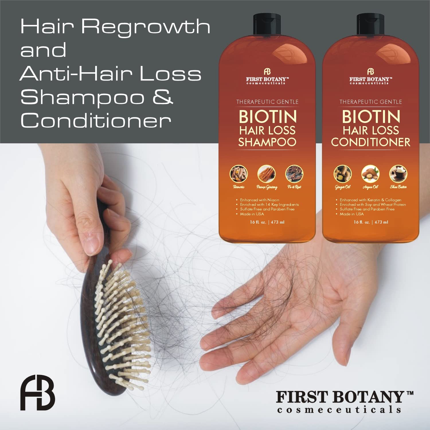 First Botany Hair Growth Shampoo & Conditioner Set – Biotin, DHT Blockers, Sulfate Free (2x16 oz)