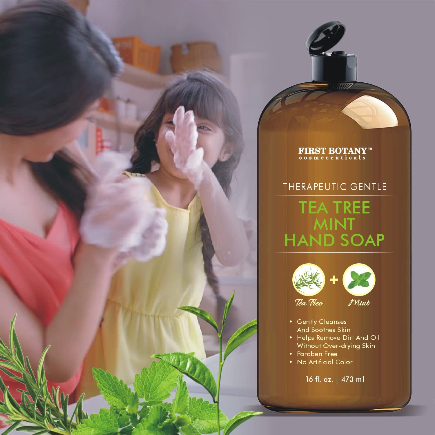 First Botany Tea Tree Mint Hand Soap – Natural Liquid Hand Wash with Tea Tree Peppermint Jojoba Coconut Oil 16 oz