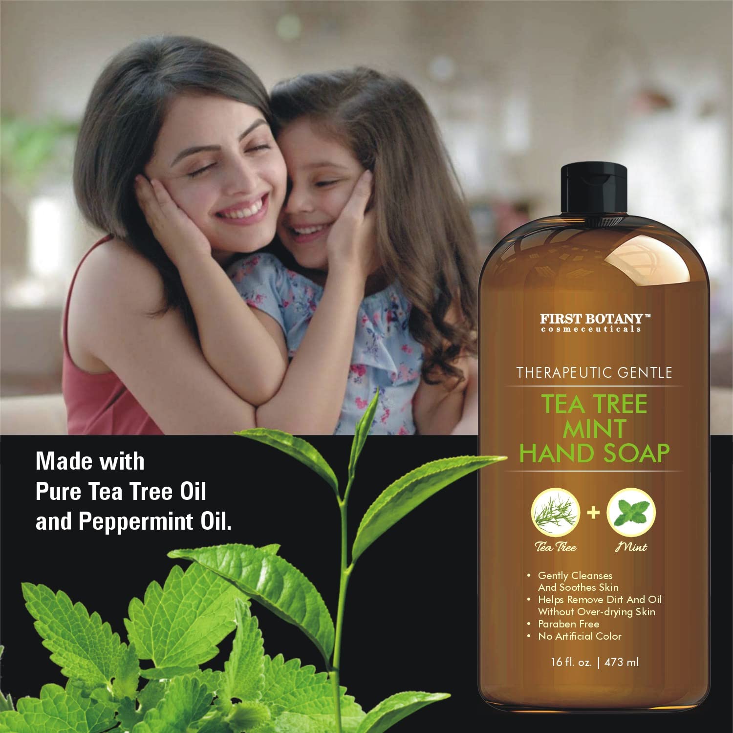 First Botany Tea Tree Mint Hand Soap – Natural Liquid Hand Wash with Tea Tree Peppermint Jojoba Coconut Oil 16 oz
