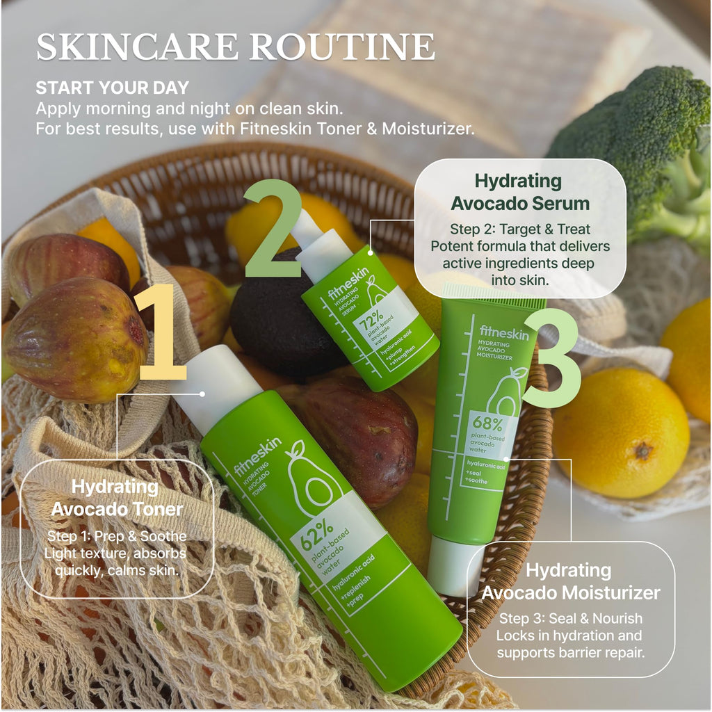 fitneskin Hydrating Avocado Serum — 72% Avocado Water, HA, Niacinamide, Fragrance-Free