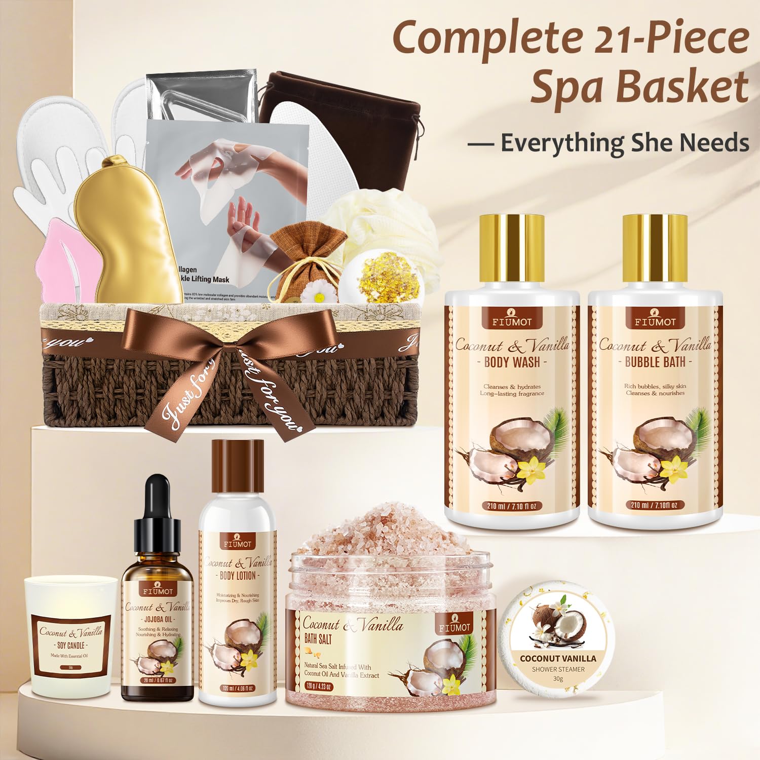 FIUMOT Valentines Day Gift Basket – 21-Piece Coconut Vanilla Spa Set for Women