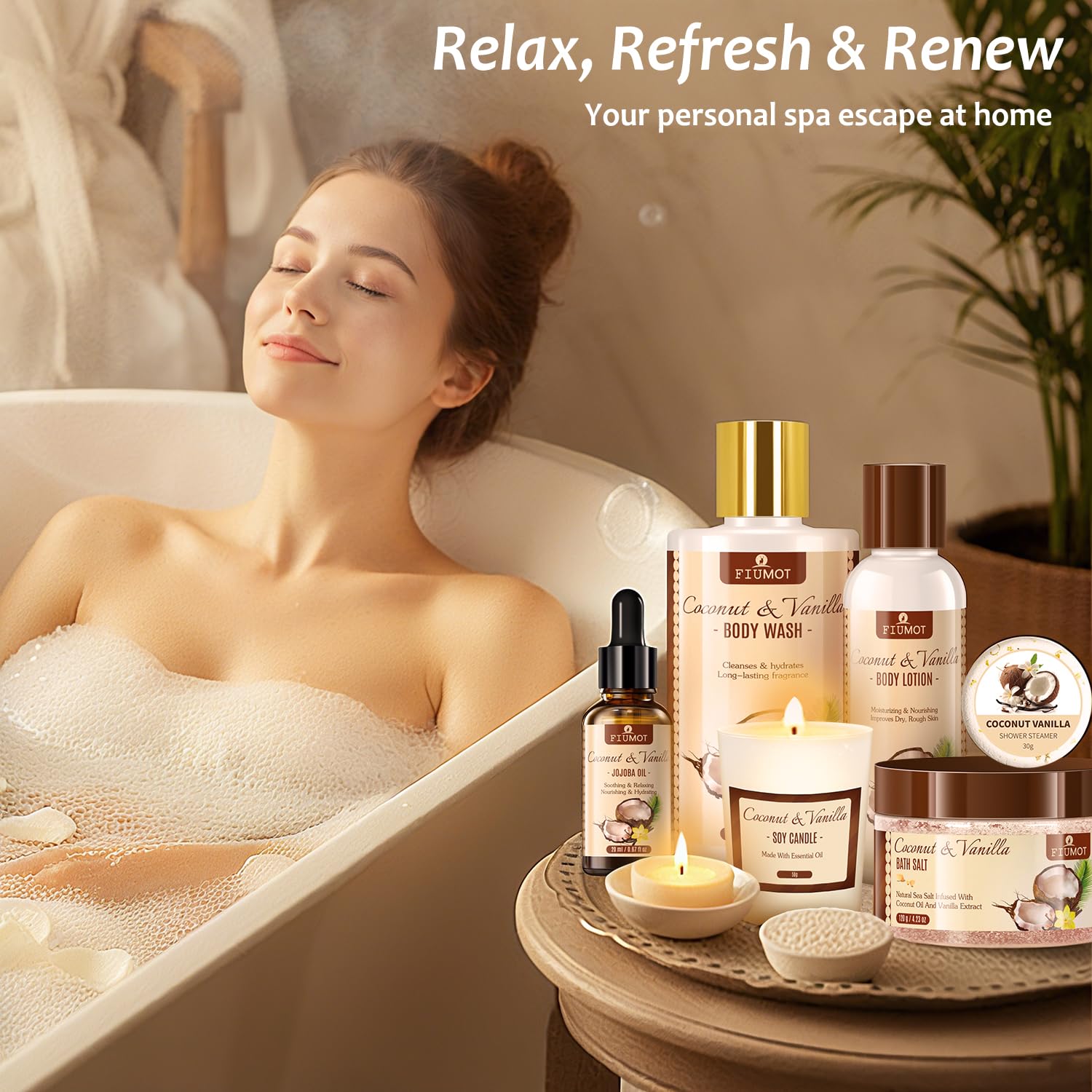 FIUMOT Valentines Day Gift Basket – 21-Piece Coconut Vanilla Spa Set for Women
