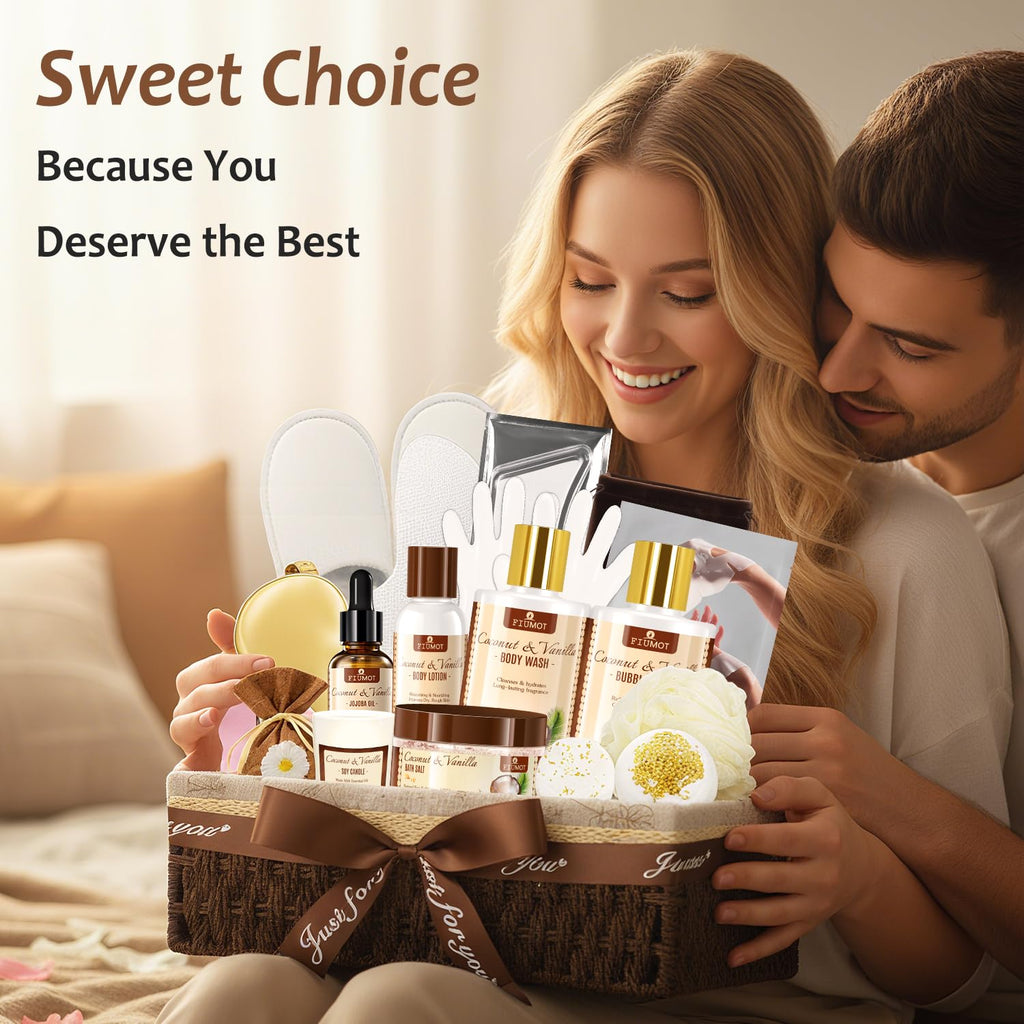 FIUMOT Valentines Day Gift Basket – 21-Piece Coconut Vanilla Spa Set for Women