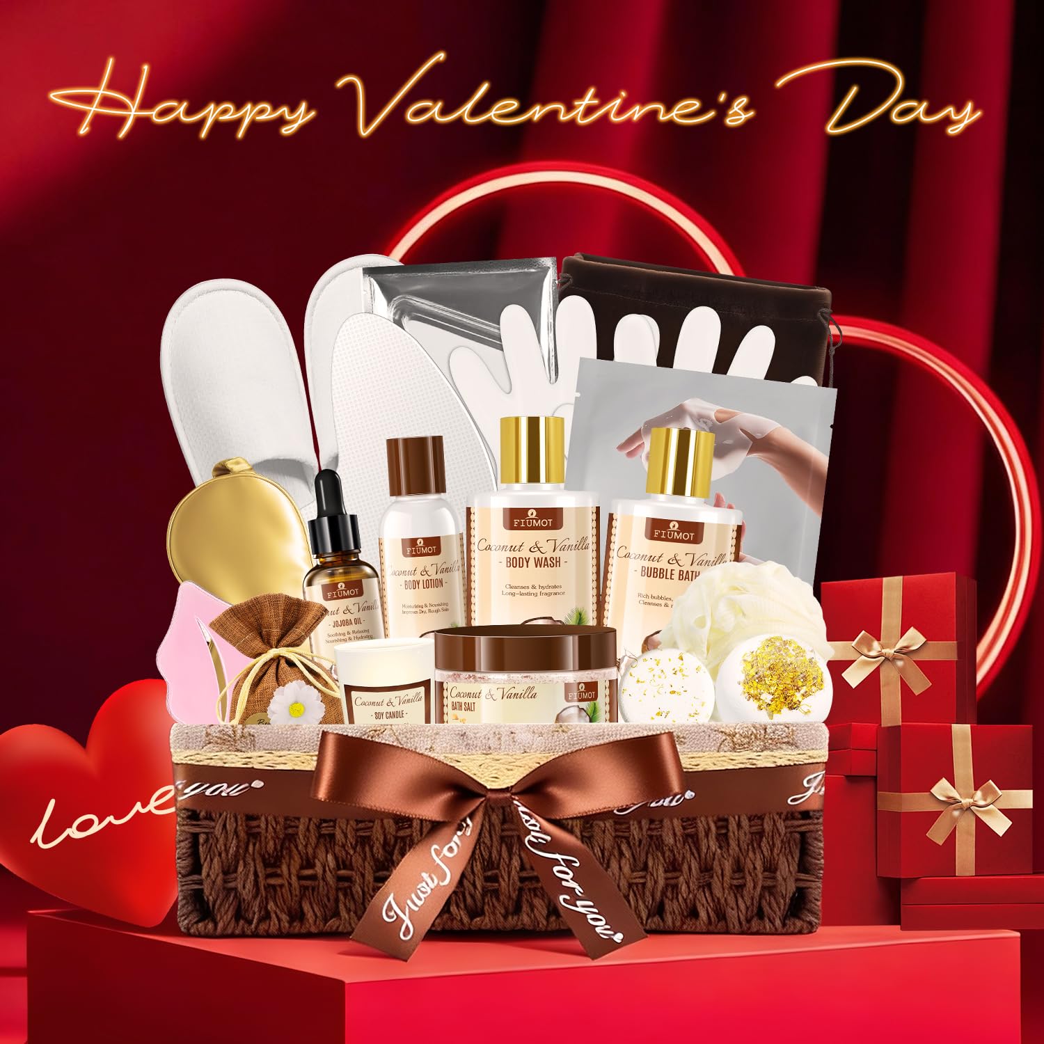 FIUMOT Valentines Day Gift Basket – 21-Piece Coconut Vanilla Spa Set for Women
