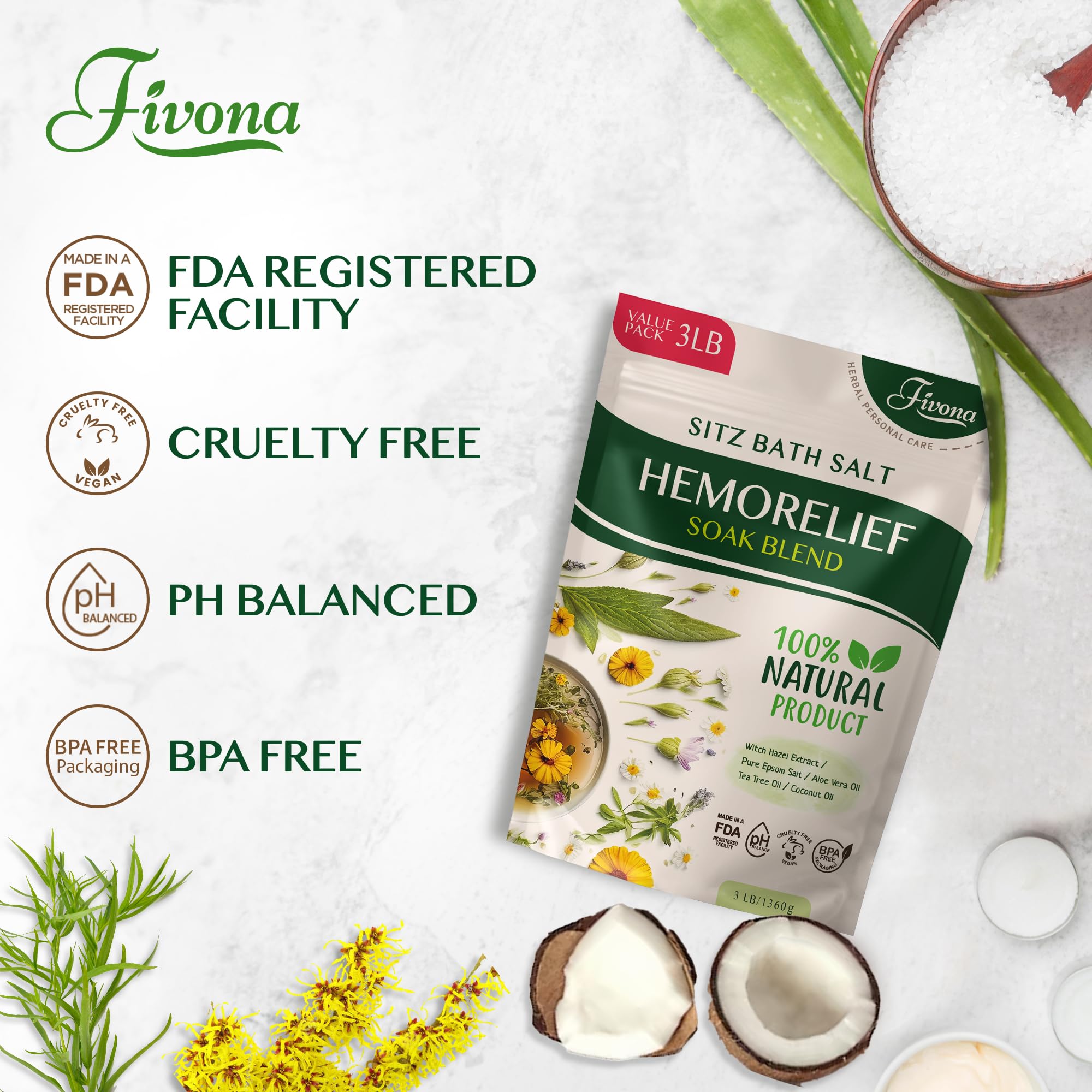 FIVONA Sitz Bath Salts for Hemorrhoids & Postpartum Care - 3LB Value Pack with Epsom Salt