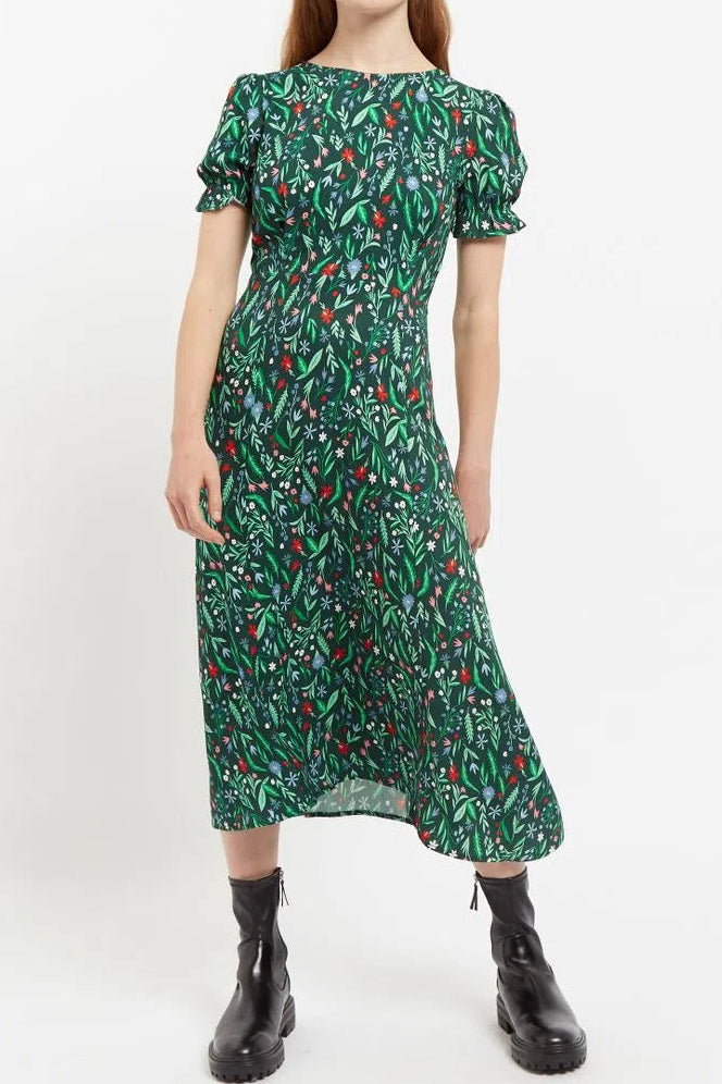 Louche Flo Folk Floral Print Puff Sleeve Midi Dress