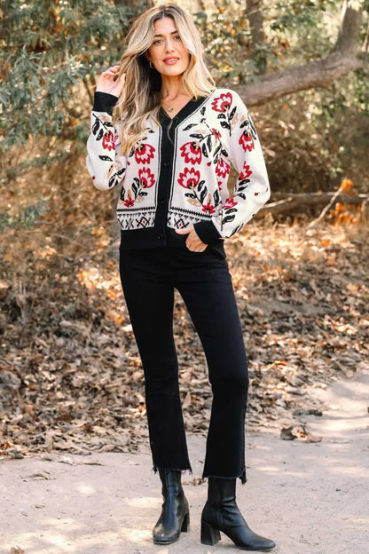 Floral Button-Up Knit Cardigan Women UK