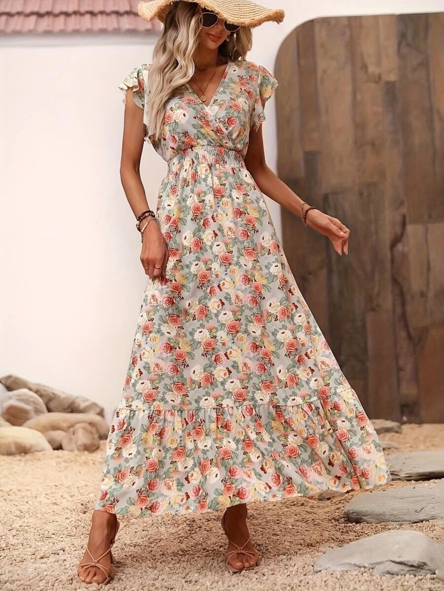 Floral Jumpsuit for Women - Versatile Printed Design with Pleated Skirt, Sizes S-XXL