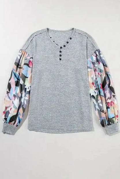 Grey Floral Sleeve Buttoned V-Neck Blouse Women UK