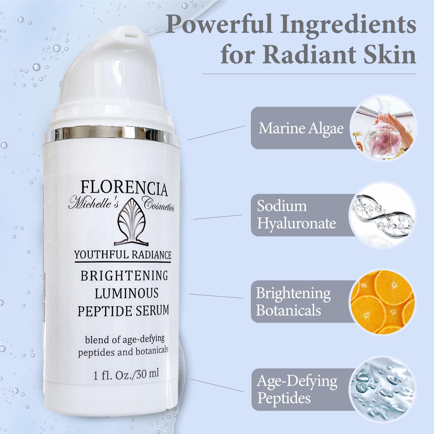 Florencia Brightening Luminous Peptide Serum – Age-Defying Face Serum with Peptides, Hyaluronic Acid & Botanicals | 1 Oz