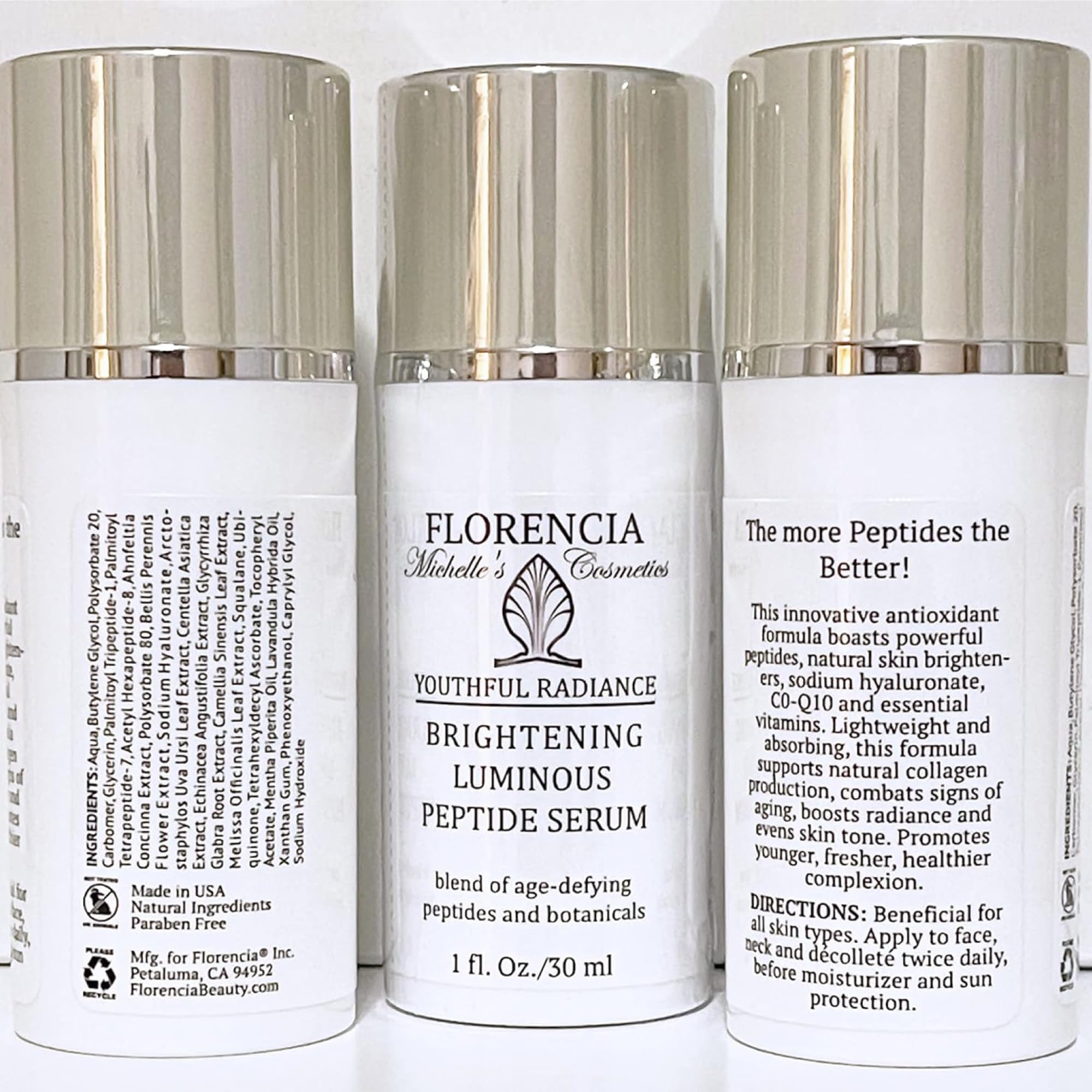 Florencia Brightening Luminous Peptide Serum – Age-Defying Face Serum with Peptides, Hyaluronic Acid & Botanicals | 1 Oz
