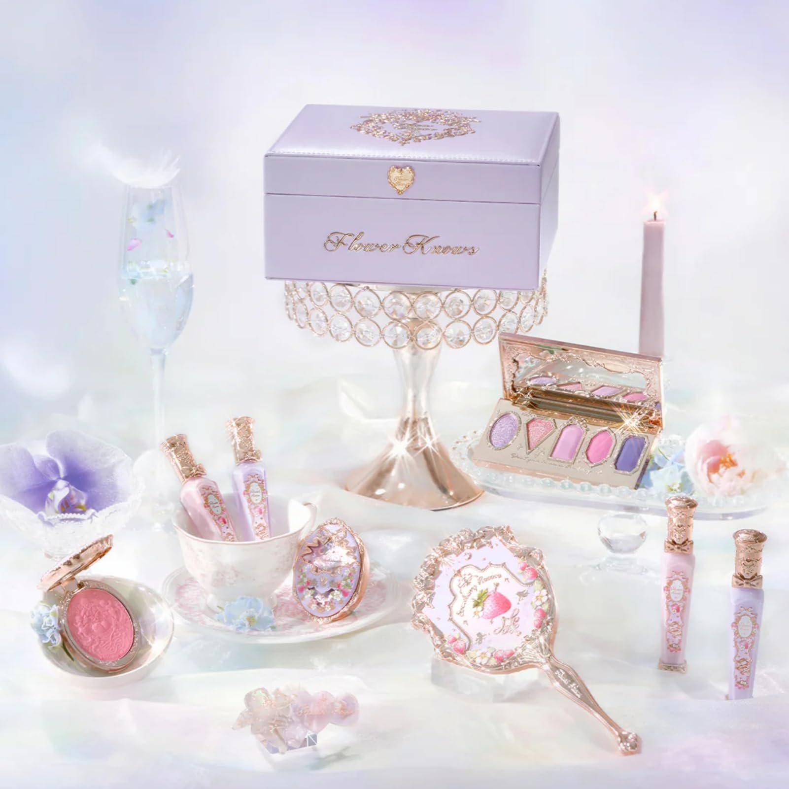 Flower Knows Violet Strawberry Rococo Gift Box Set – 7-Piece Makeup Kit with Mirror