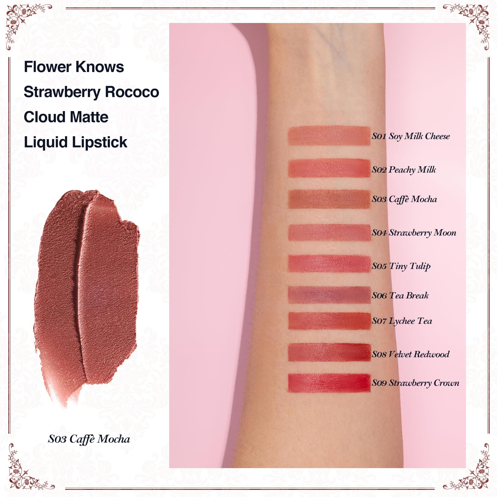 Flower Knows Strawberry Rococo Cloud Lip Cream – S03 Caffè Mocha Matte Lipstick