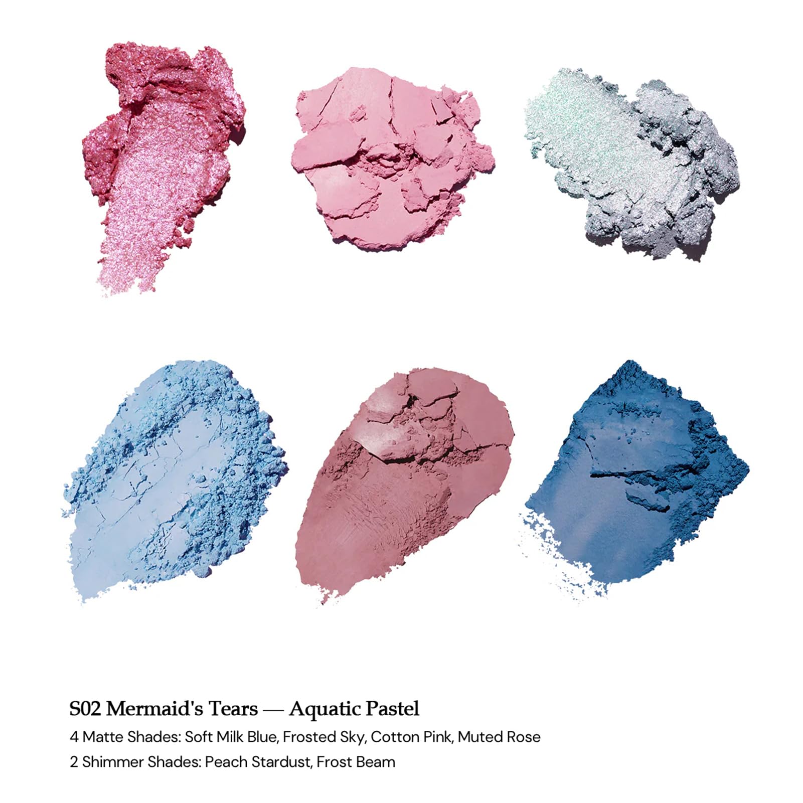 Flower Knows Shell's Jewel 6-Color Palette – Mermaid's Tears Aquatic Pastel, 4 Matte + 2 Shimmer