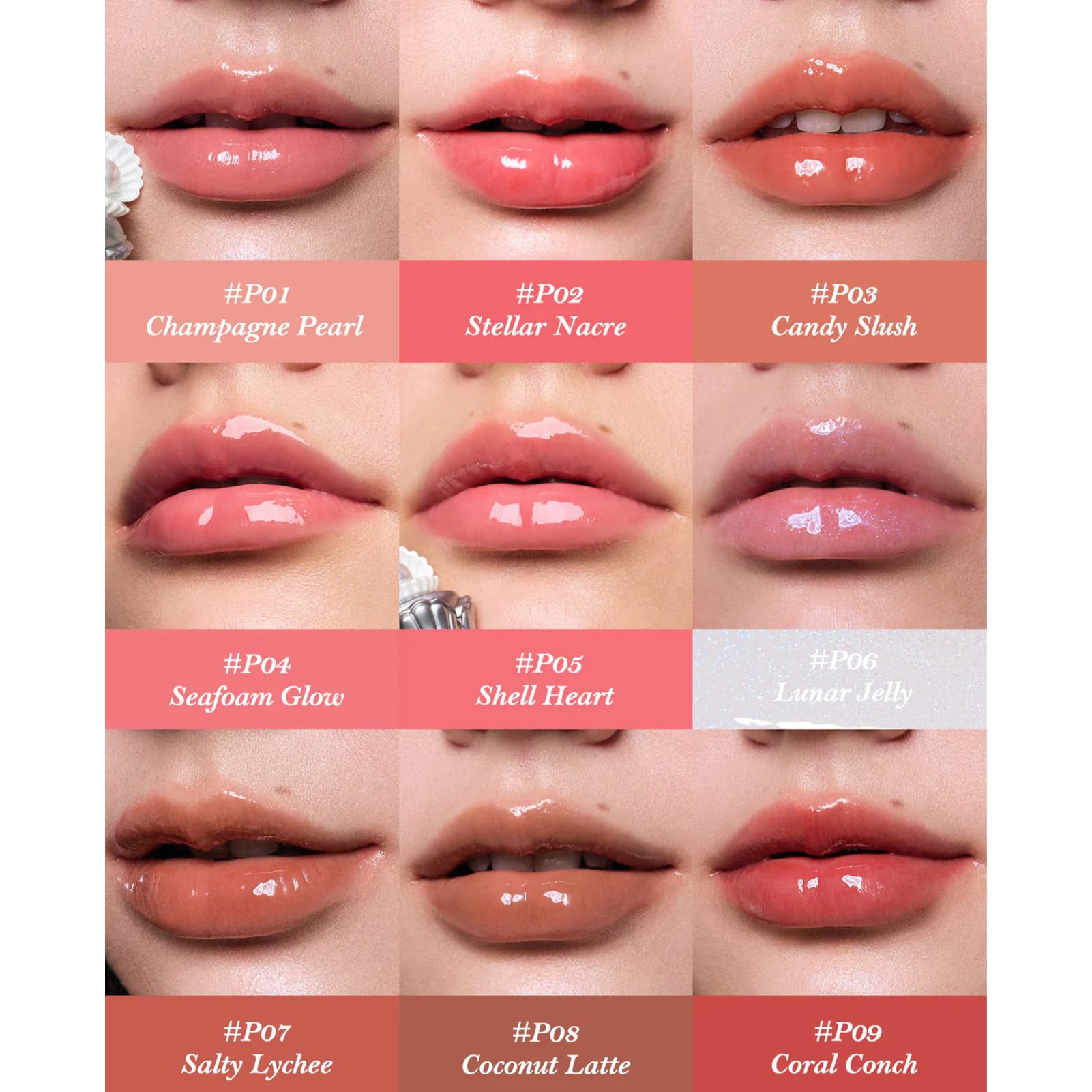 Flower Knows Shell's Jewel Nourishing Lip Glaze | Hydrating Hyaluronic Lip Gloss (0.16 oz) Coral Conch P09