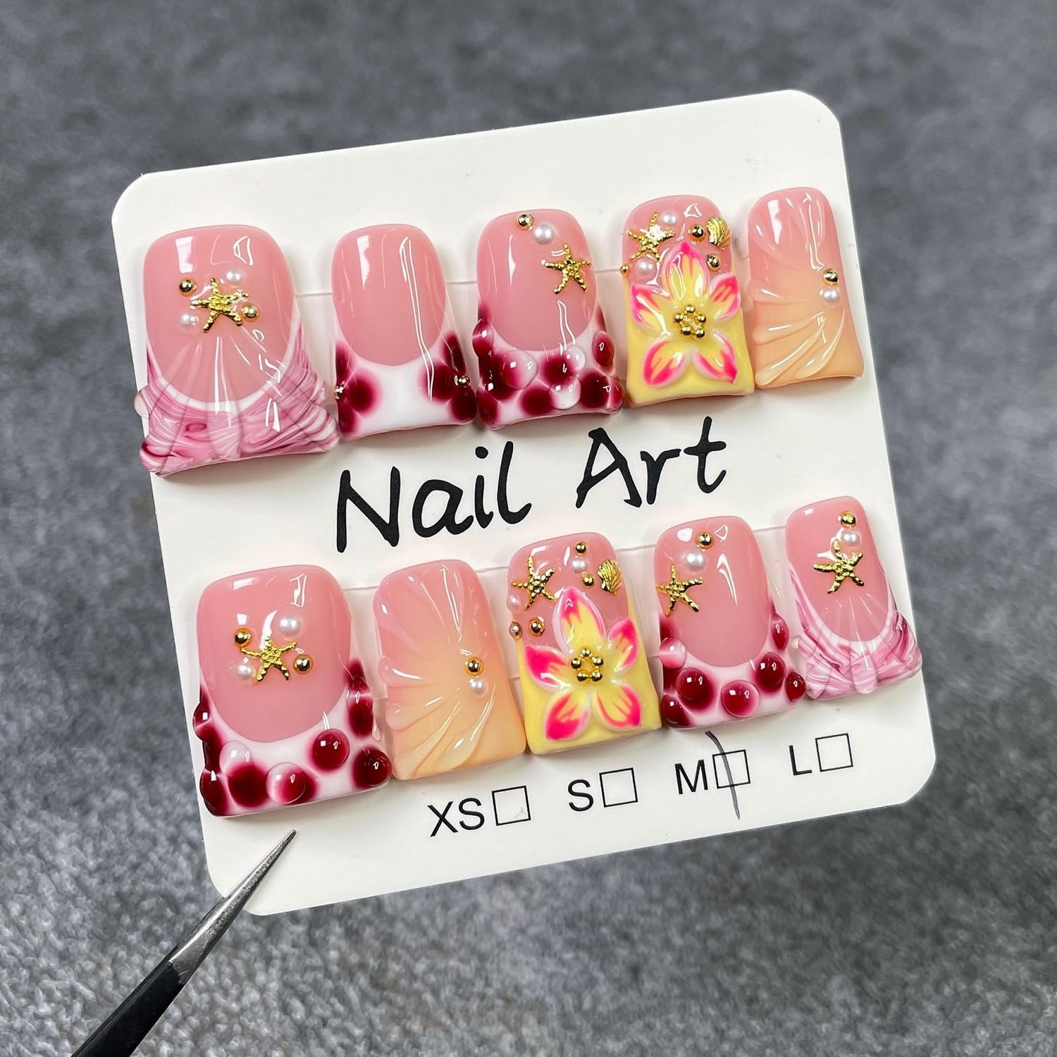 Handmade Flower Press-On Nails – Seashell & Pearl 3D Design, Short Duck Shape