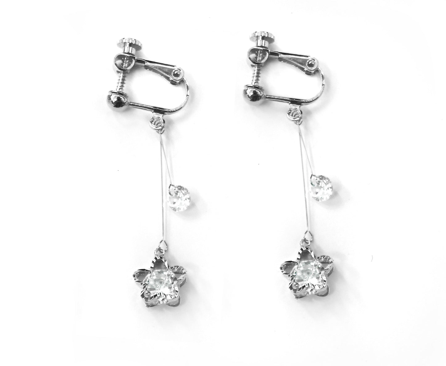 Crystal Drop Dangle Clip On Earrings Tassel Non Pierced Flower Silver