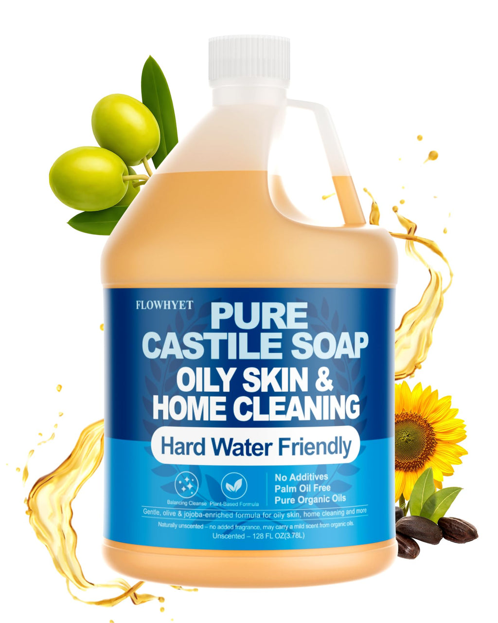 FLOWHYET 1 Gallon Pure Castile Soap – Unscented, Fragrance-Free, Hard Water Friendly, Multi-Purpose Cleaner