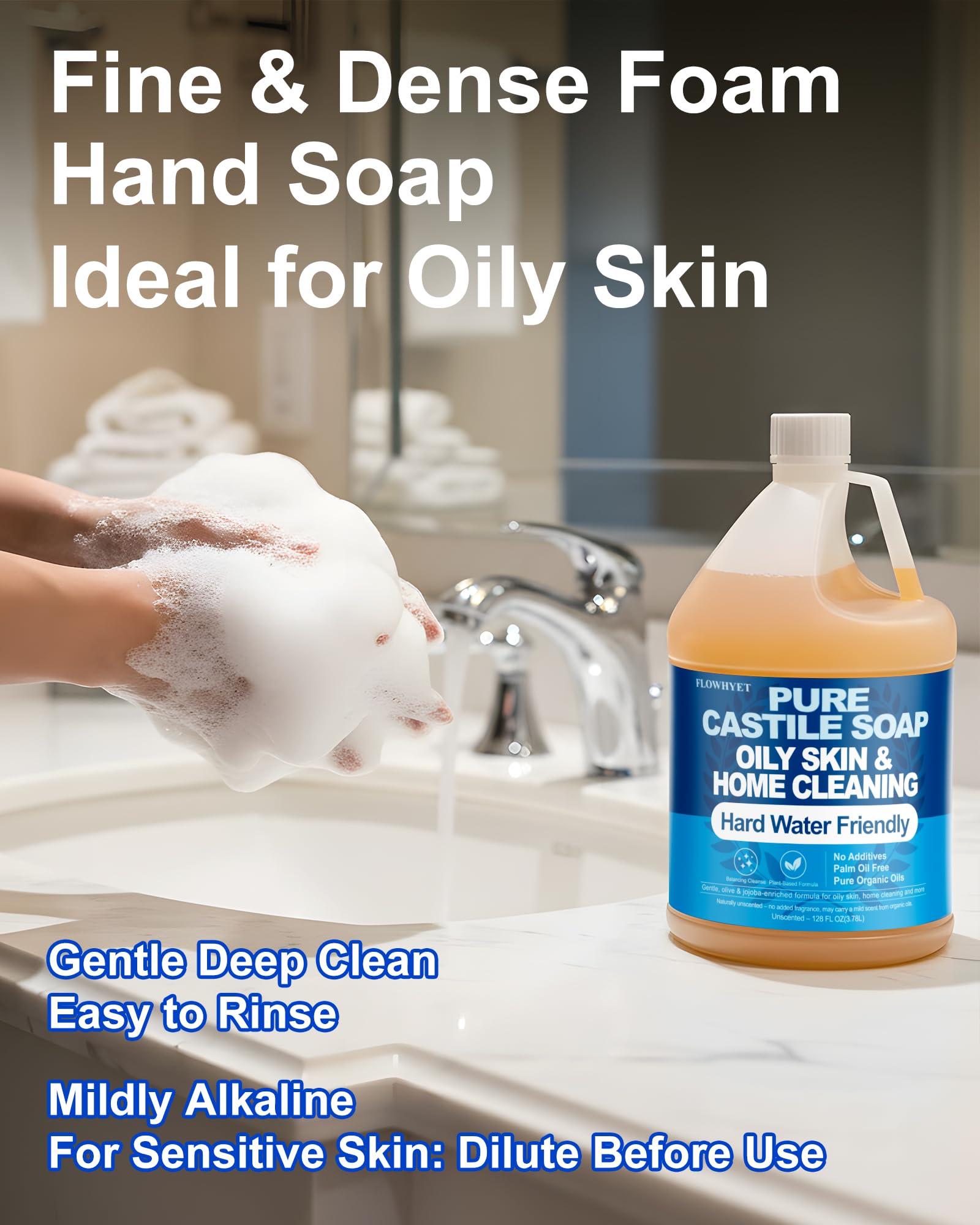FLOWHYET 1 Gallon Pure Castile Soap – Unscented, Fragrance-Free, Hard Water Friendly, Multi-Purpose Cleaner