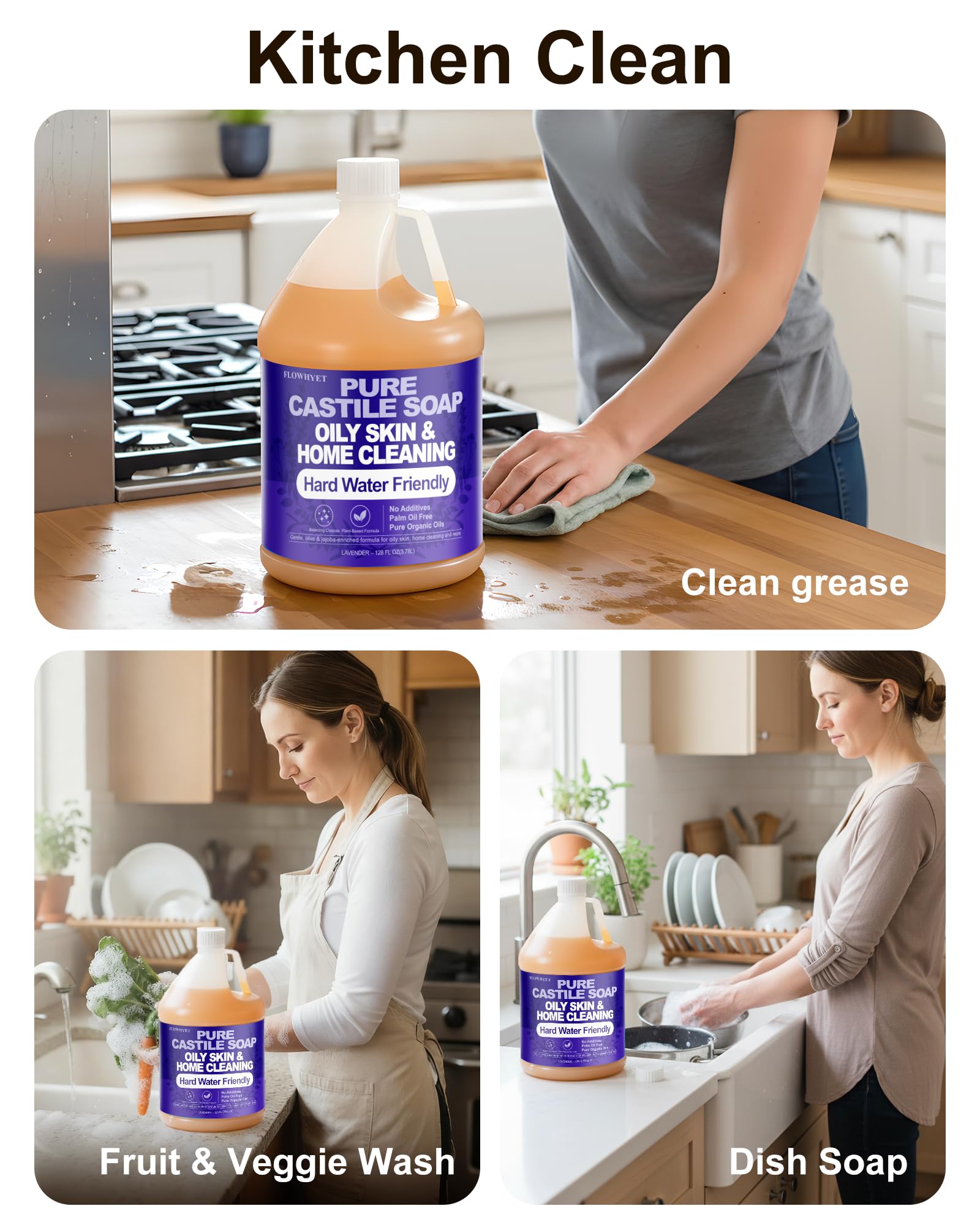 FLOWHYET Lavender Liquid Castile Hand Soap Refill – 1 Gallon, Plant-Based, Hard Water Safe
