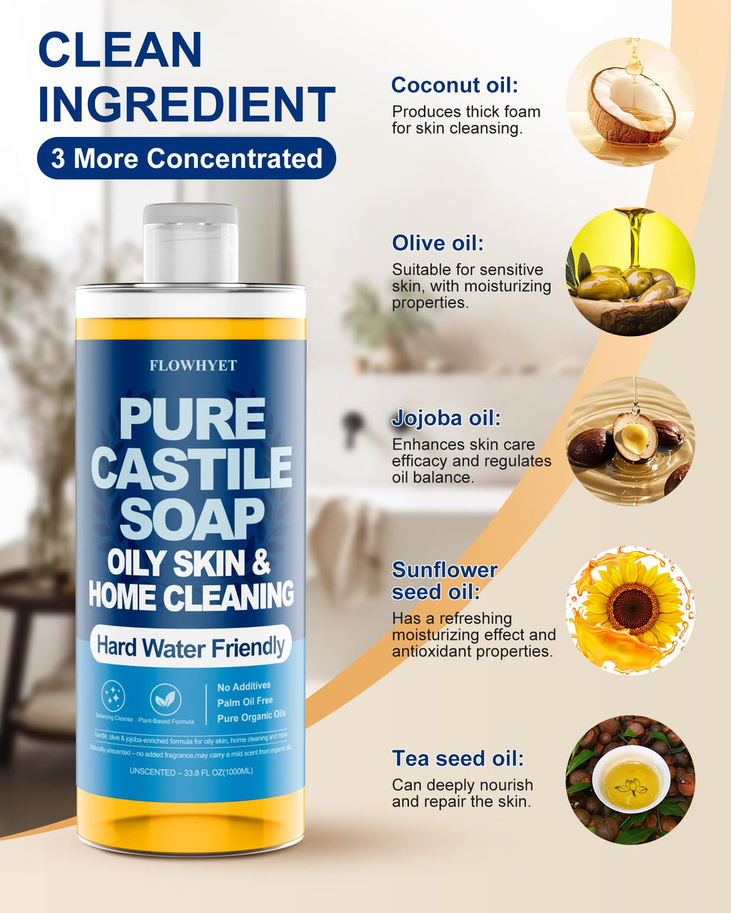 FLOWHYET Pure Castile Soap Liquid Unscented 1L | Hard Water Friendly Body Wash & Multi-Purpose Cleaner