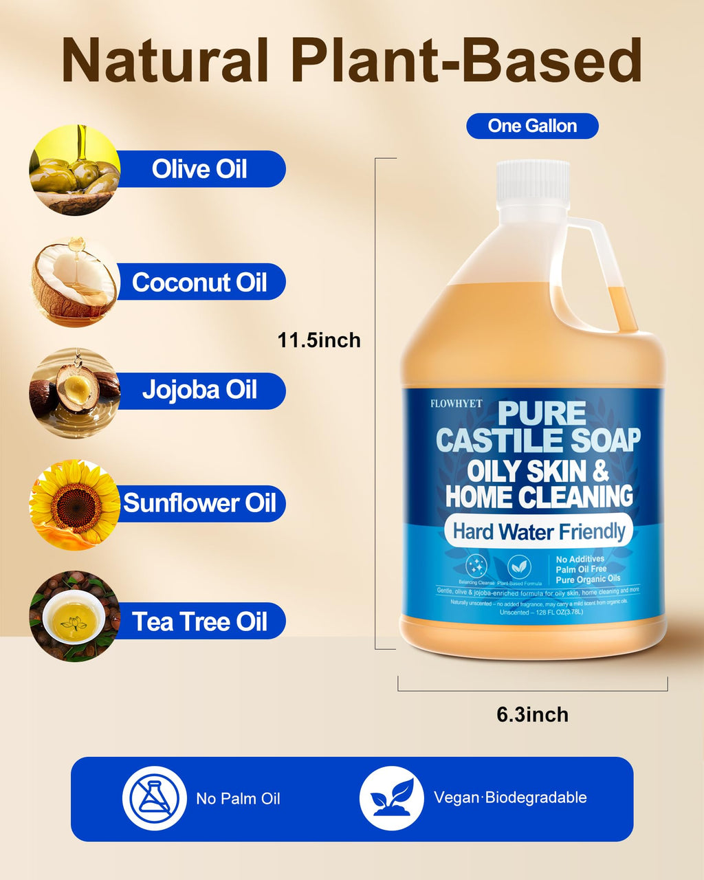 FLOWHYET 1 Gallon Pure Castile Soap – Unscented, Fragrance-Free, Hard Water Friendly, Multi-Purpose Cleaner