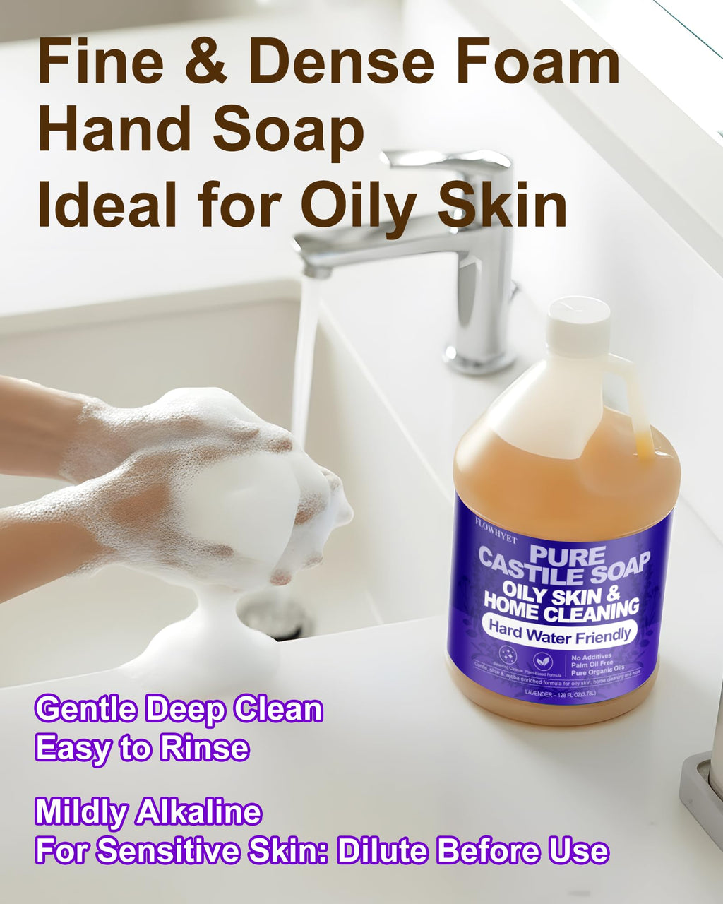 FLOWHYET Lavender Liquid Castile Hand Soap Refill – 1 Gallon, Plant-Based, Hard Water Safe