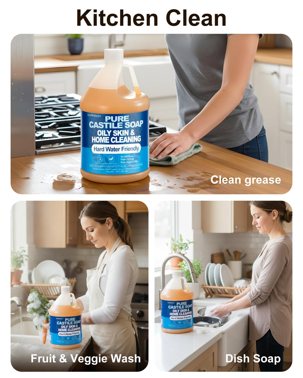 FLOWHYET 1 Gallon Pure Castile Soap – Unscented, Fragrance-Free, Hard Water Friendly, Multi-Purpose Cleaner