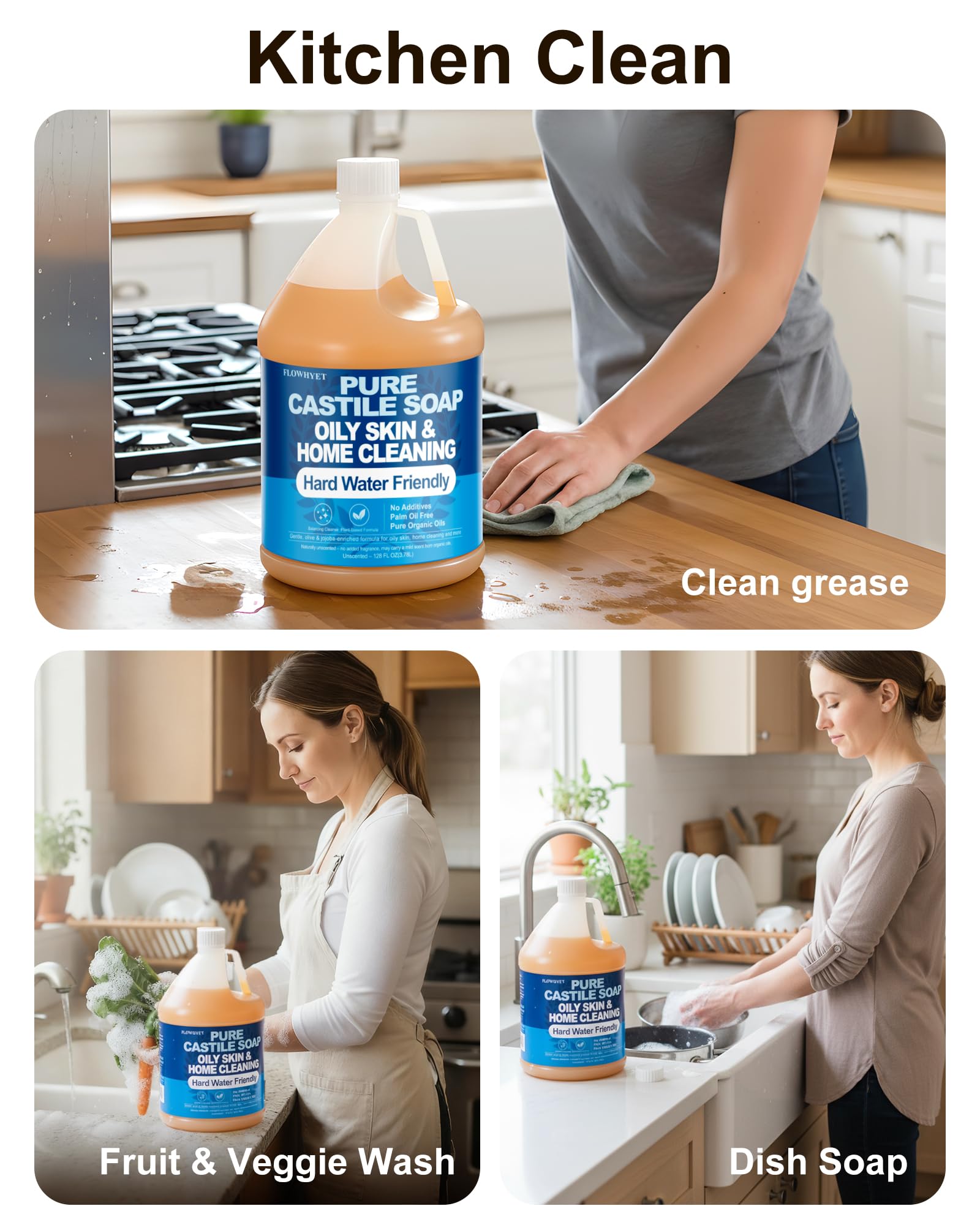 FLOWHYET 1 Gallon Pure Castile Soap – Unscented, Fragrance-Free, Hard Water Friendly, Multi-Purpose Cleaner