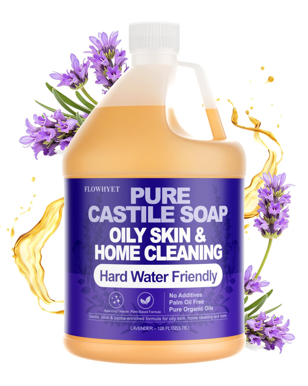 FLOWHYET Lavender Liquid Castile Hand Soap Refill – 1 Gallon, Plant-Based, Hard Water Safe