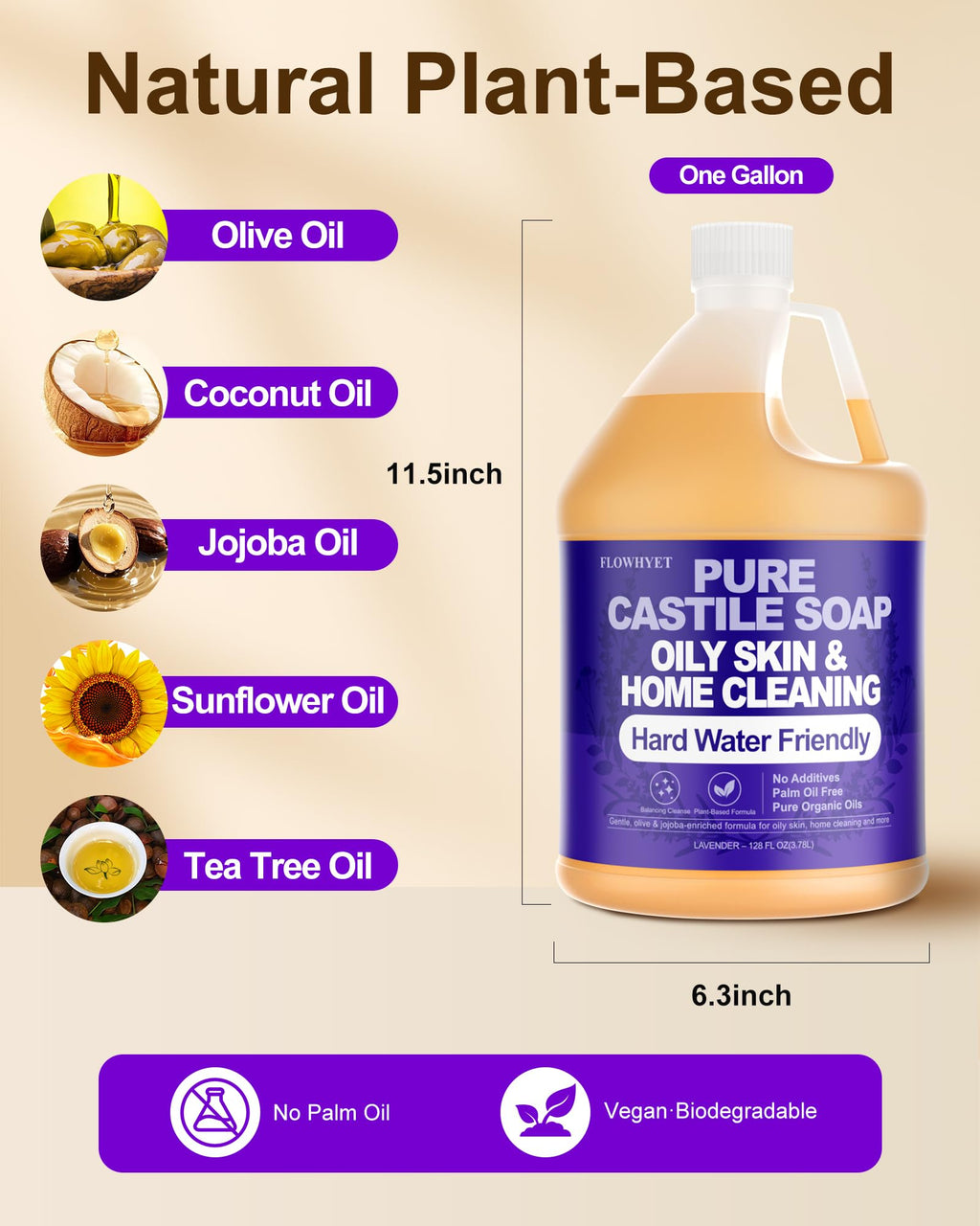 FLOWHYET Lavender Liquid Castile Hand Soap Refill – 1 Gallon, Plant-Based, Hard Water Safe
