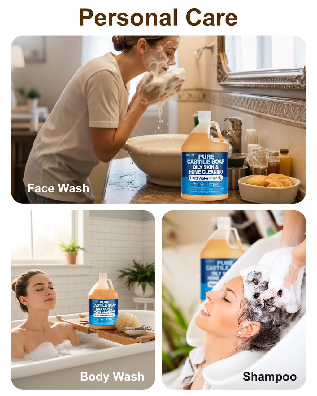 FLOWHYET 1 Gallon Pure Castile Soap – Unscented, Fragrance-Free, Hard Water Friendly, Multi-Purpose Cleaner