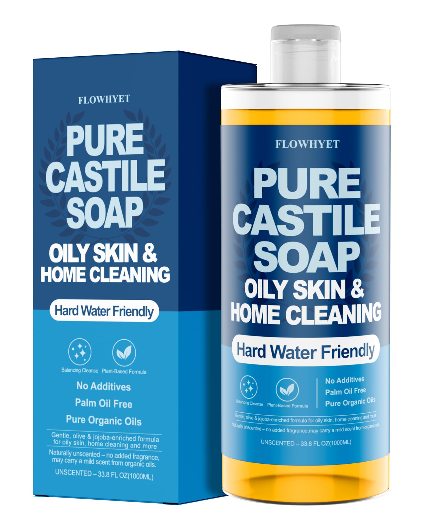 FLOWHYET Pure Castile Soap Liquid Unscented 1L | Hard Water Friendly Body Wash & Multi-Purpose Cleaner