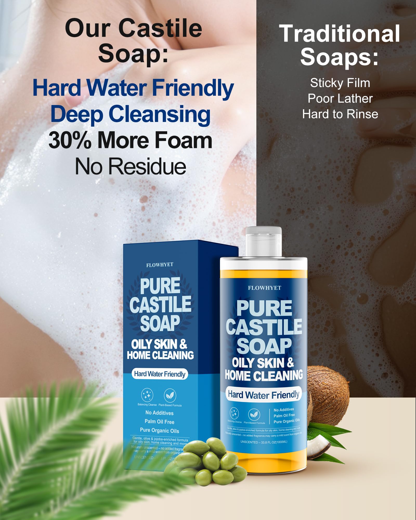 FLOWHYET Pure Castile Soap Liquid Unscented 1L | Hard Water Friendly Body Wash & Multi-Purpose Cleaner