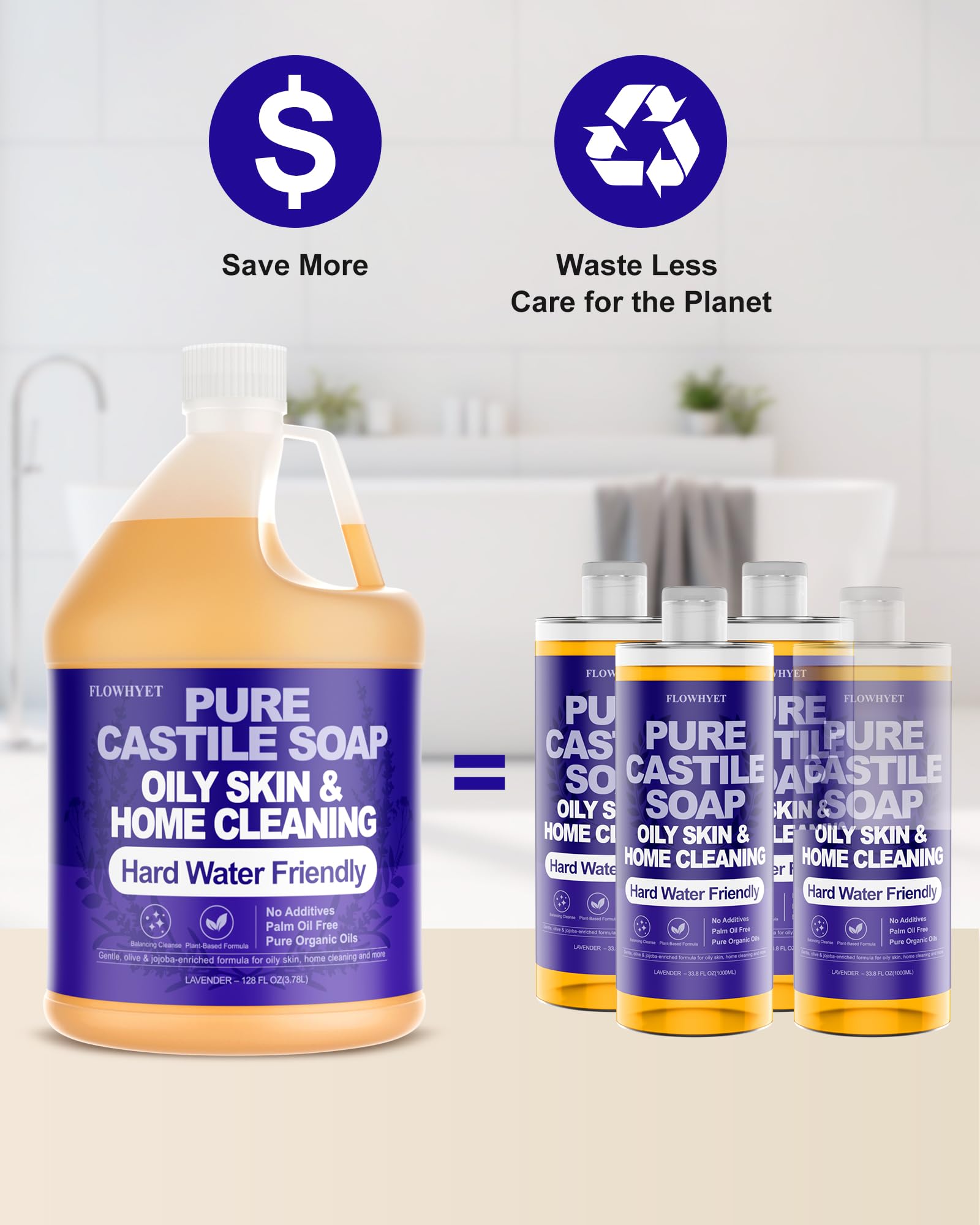 FLOWHYET Pure Castile Soap Lavender – 1 Gallon Refill, Natural Organic Body Wash for Oily Skin & Hard Water