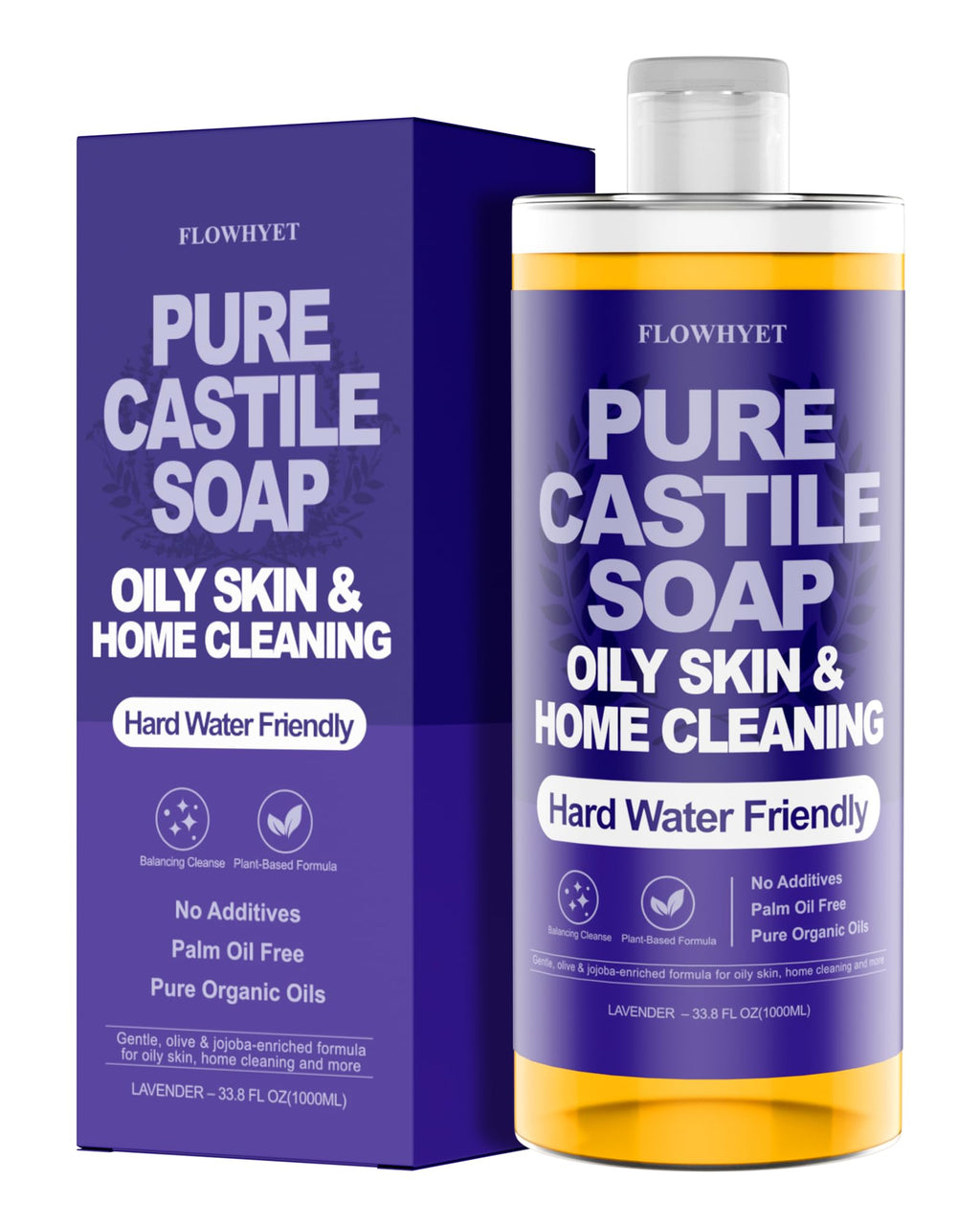 FLOWHYET Pure Castile Soap Liquid Lavender – 1L Natural, Vegan, Hard Water Friendly