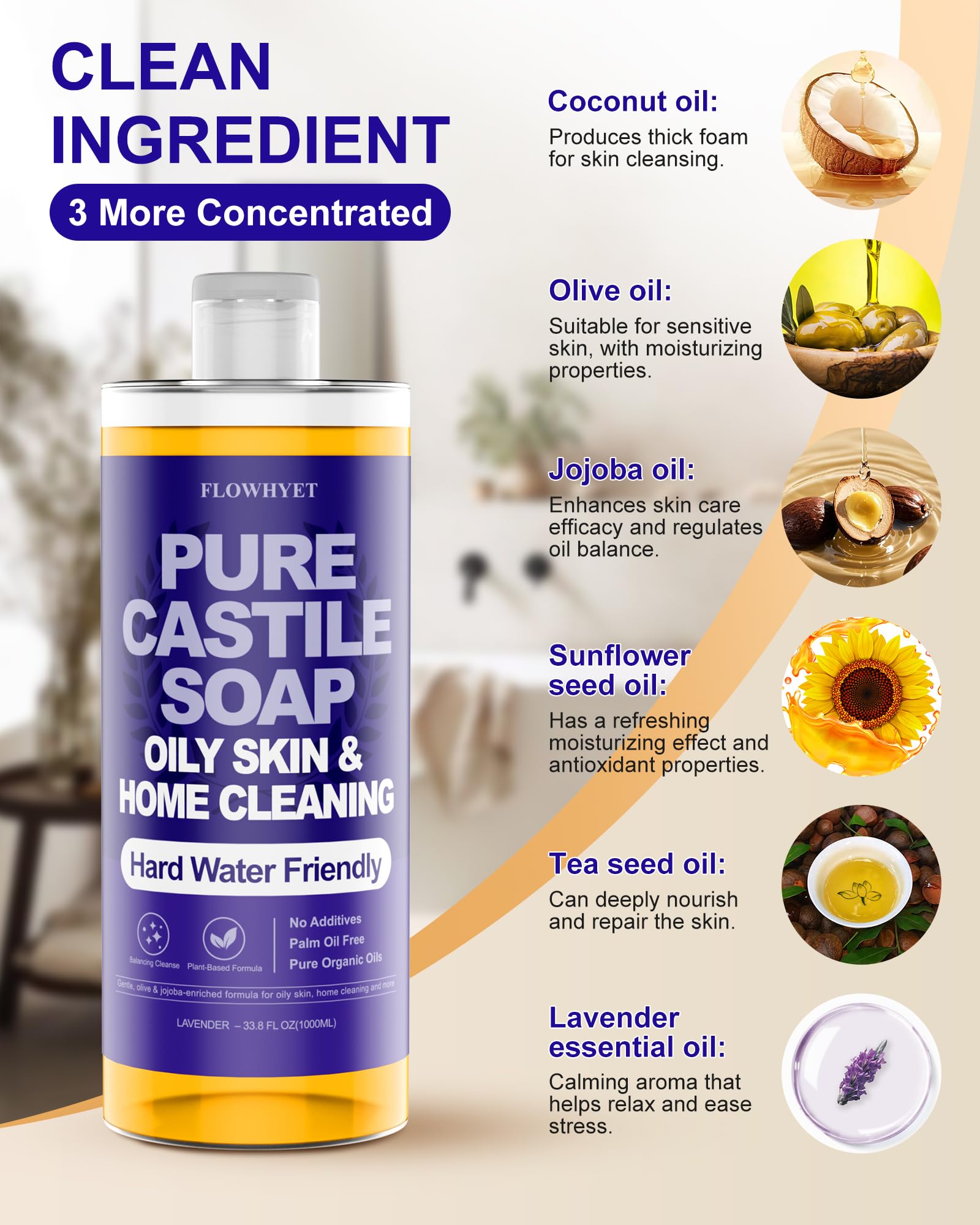 FLOWHYET Pure Castile Soap Liquid Lavender – 1L Natural, Vegan, Hard Water Friendly