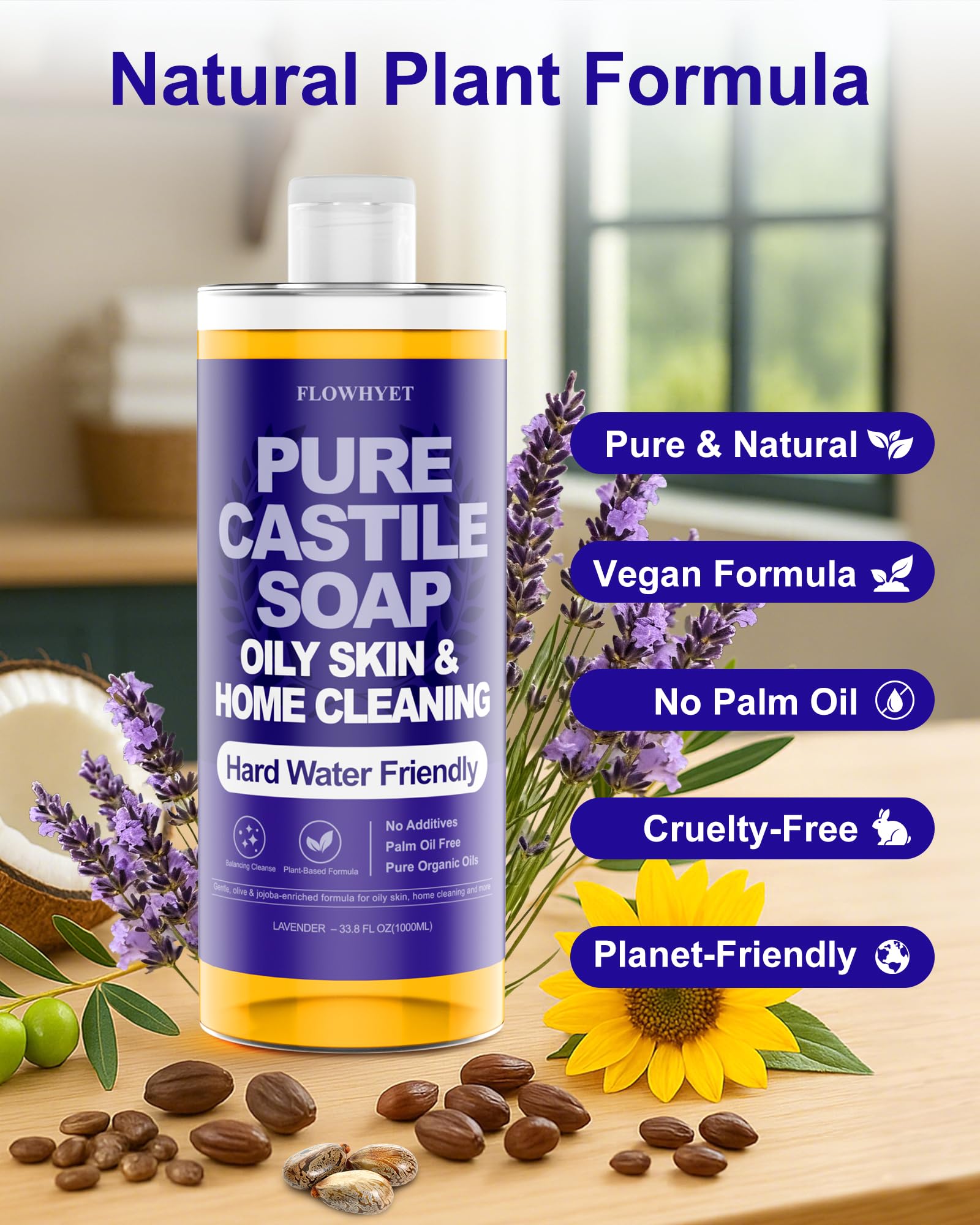 FLOWHYET Pure Castile Soap Liquid Lavender – 1L Natural, Vegan, Hard Water Friendly