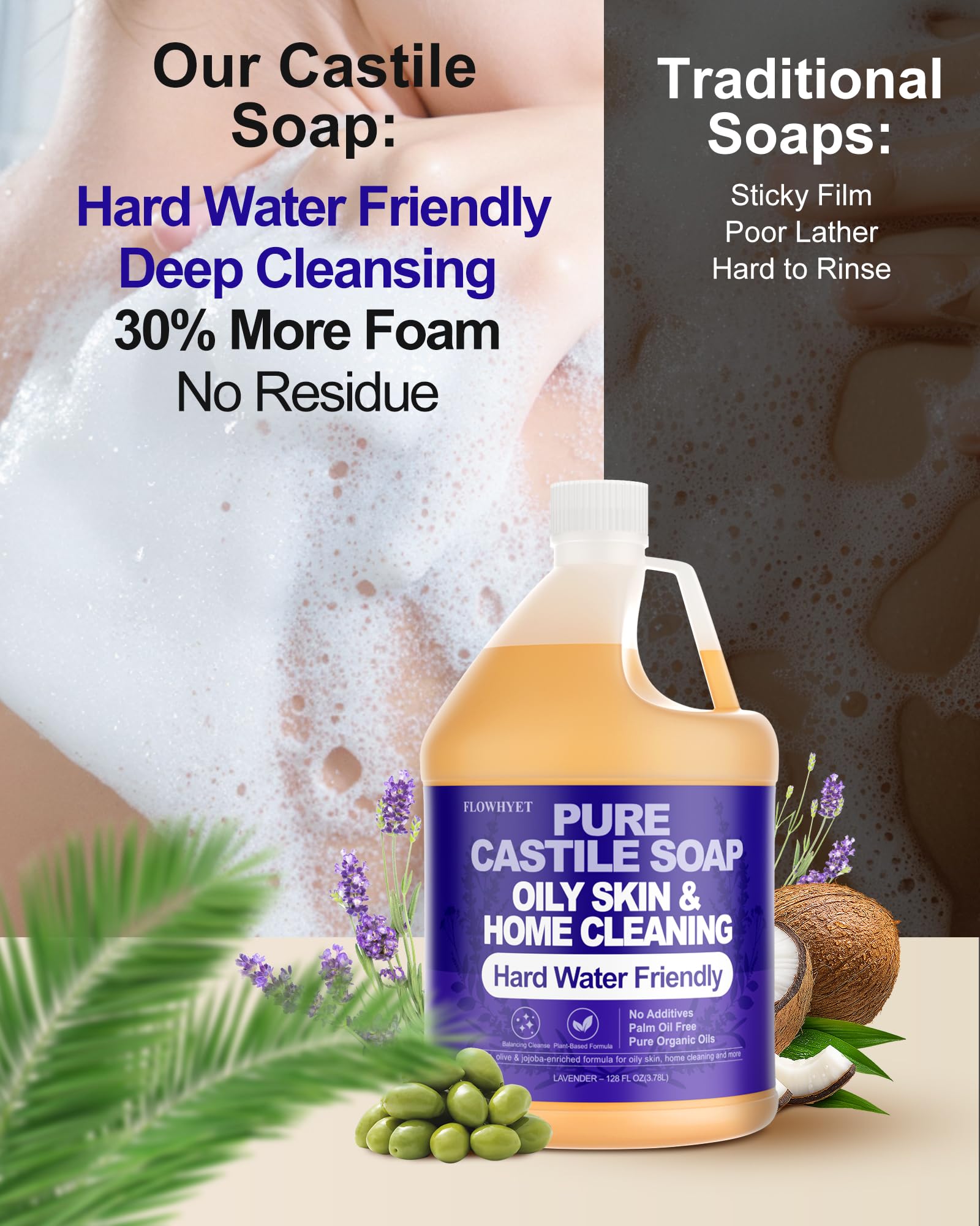 FLOWHYET Pure Castile Soap Lavender – 1 Gallon Refill, Natural Organic Body Wash for Oily Skin & Hard Water