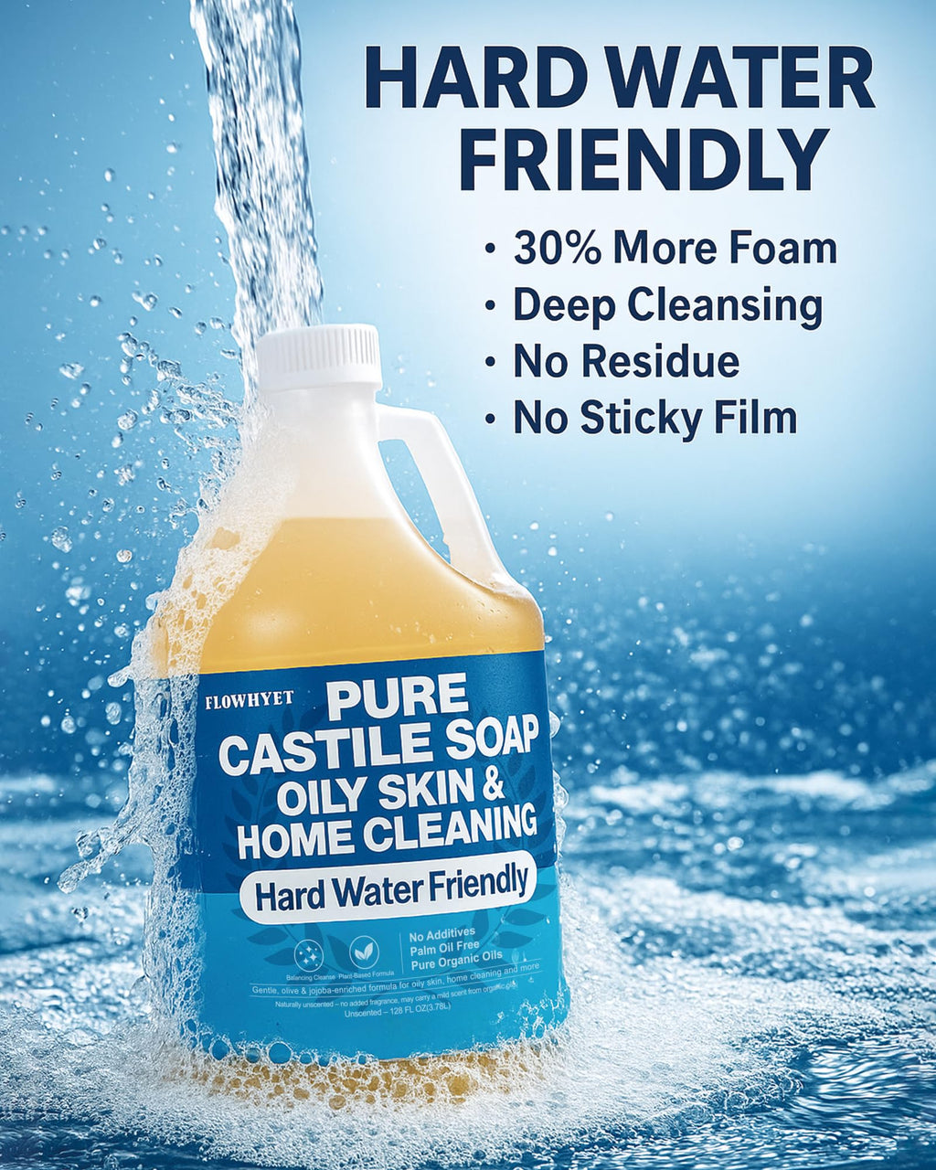 FLOWHYET Pure Castile Soap Liquid Unscented – 1 Gallon Refill | Organic Multi-Purpose Cleanser